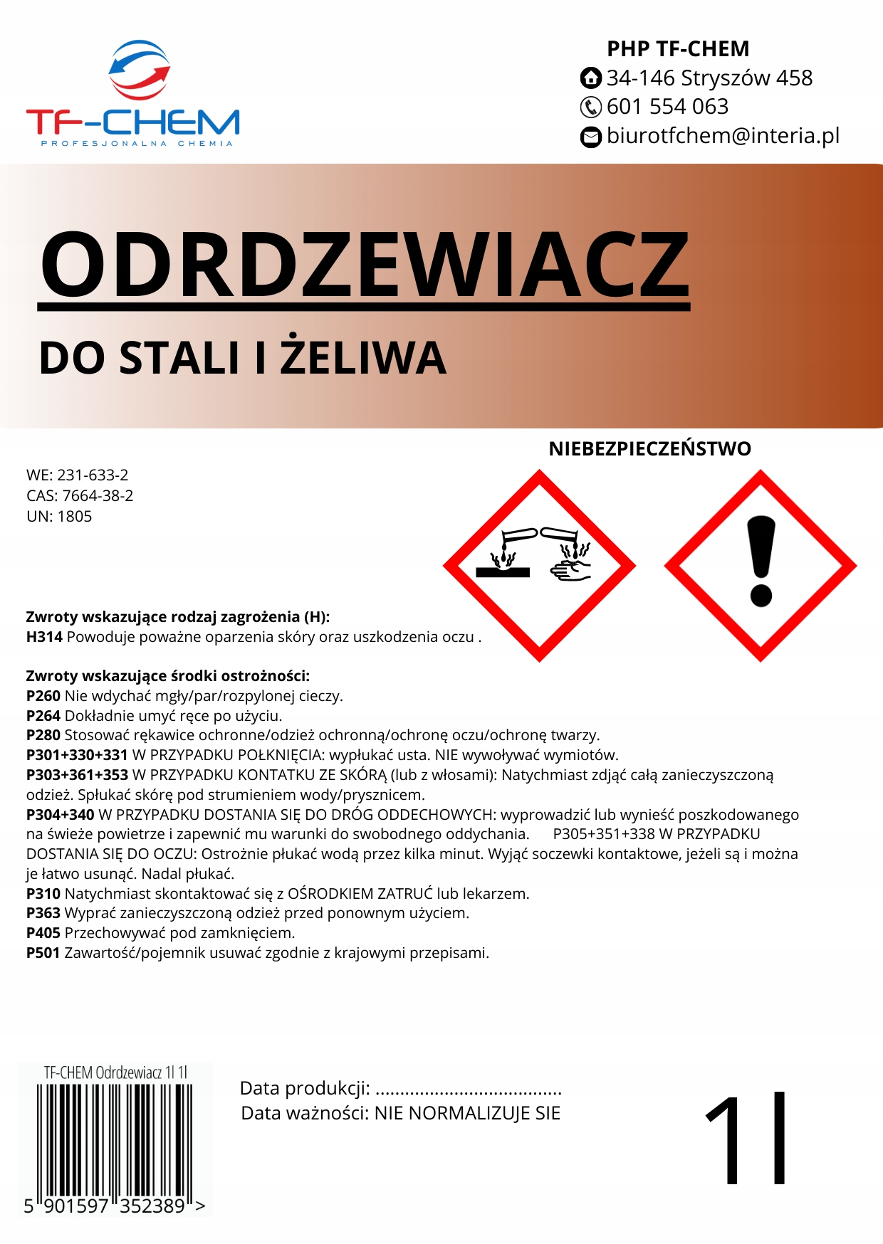 ODRDZEWIACZ DO STALII I ŻELIWA KWAS FOSFOROWY 50% 1L EAN (GTIN) 5901597352389