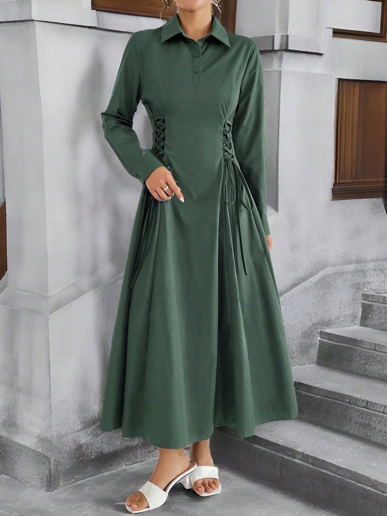 Šaty S Límečkem Rozevřená Zelená Maxi Casual Shein L 40