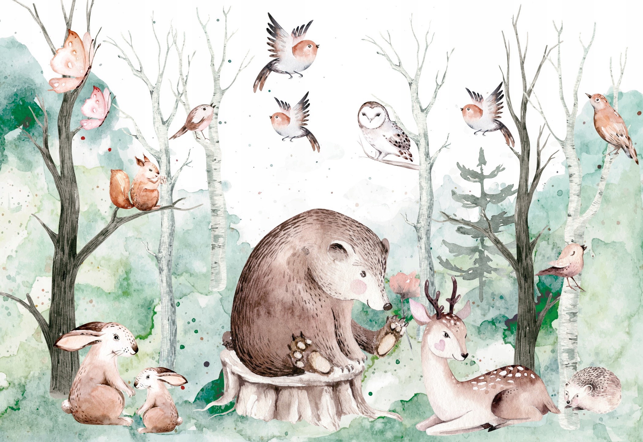 Fototapeta dekoracyjna dla dzieci LAS ZWIERZĘTA W LESIE MIŚ JAK MALOWANE