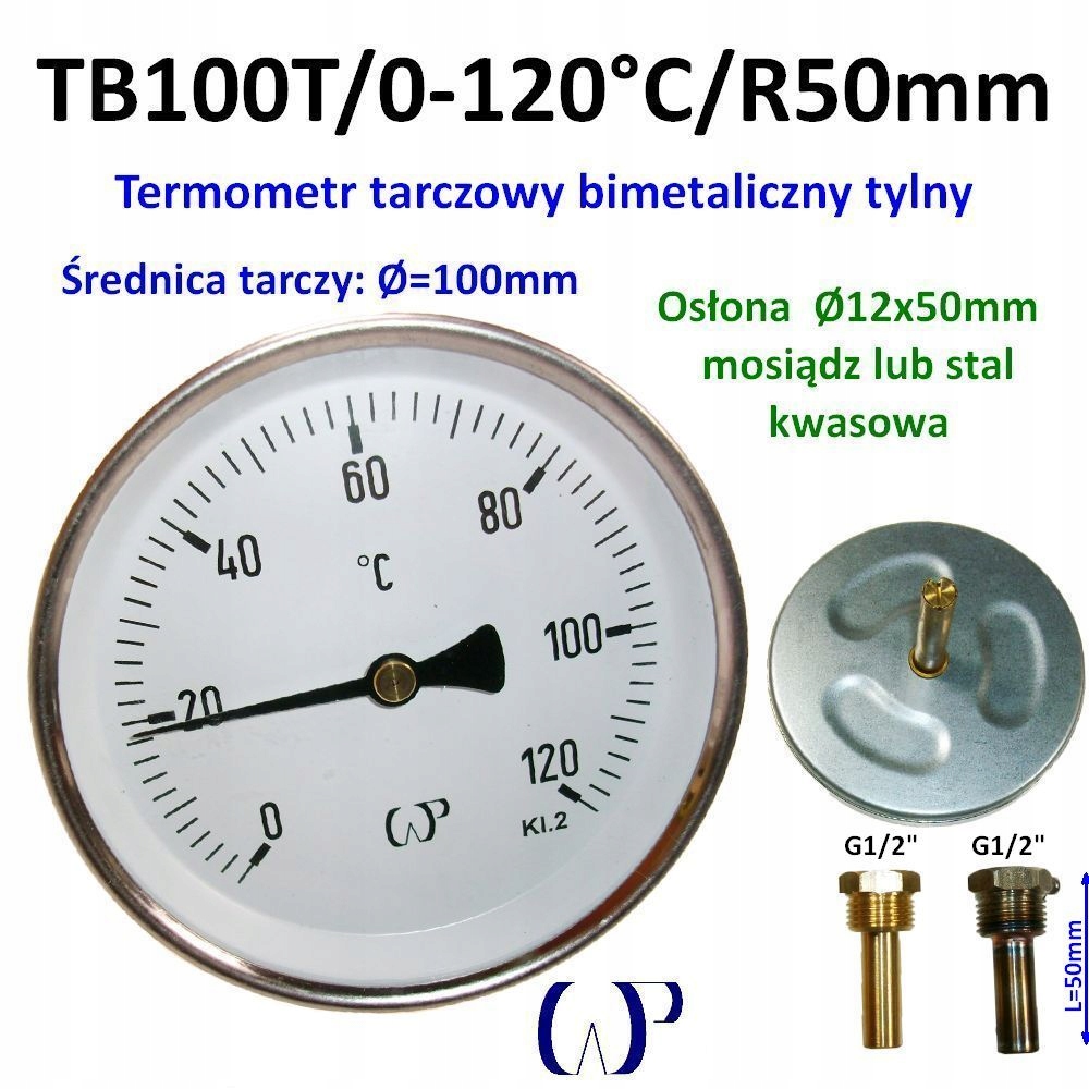 Bimetalový teploměr 100 mm TB100T 0-120°C mosazný kryt G1/2" 12x50 mm