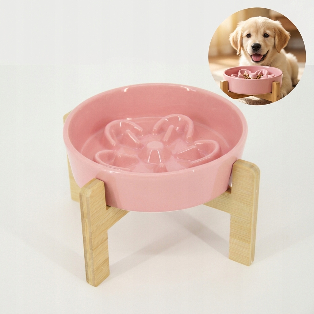 Levně Růžová keramická miska pro psy a kočky na pomalé krmení s dřevěným stojanem