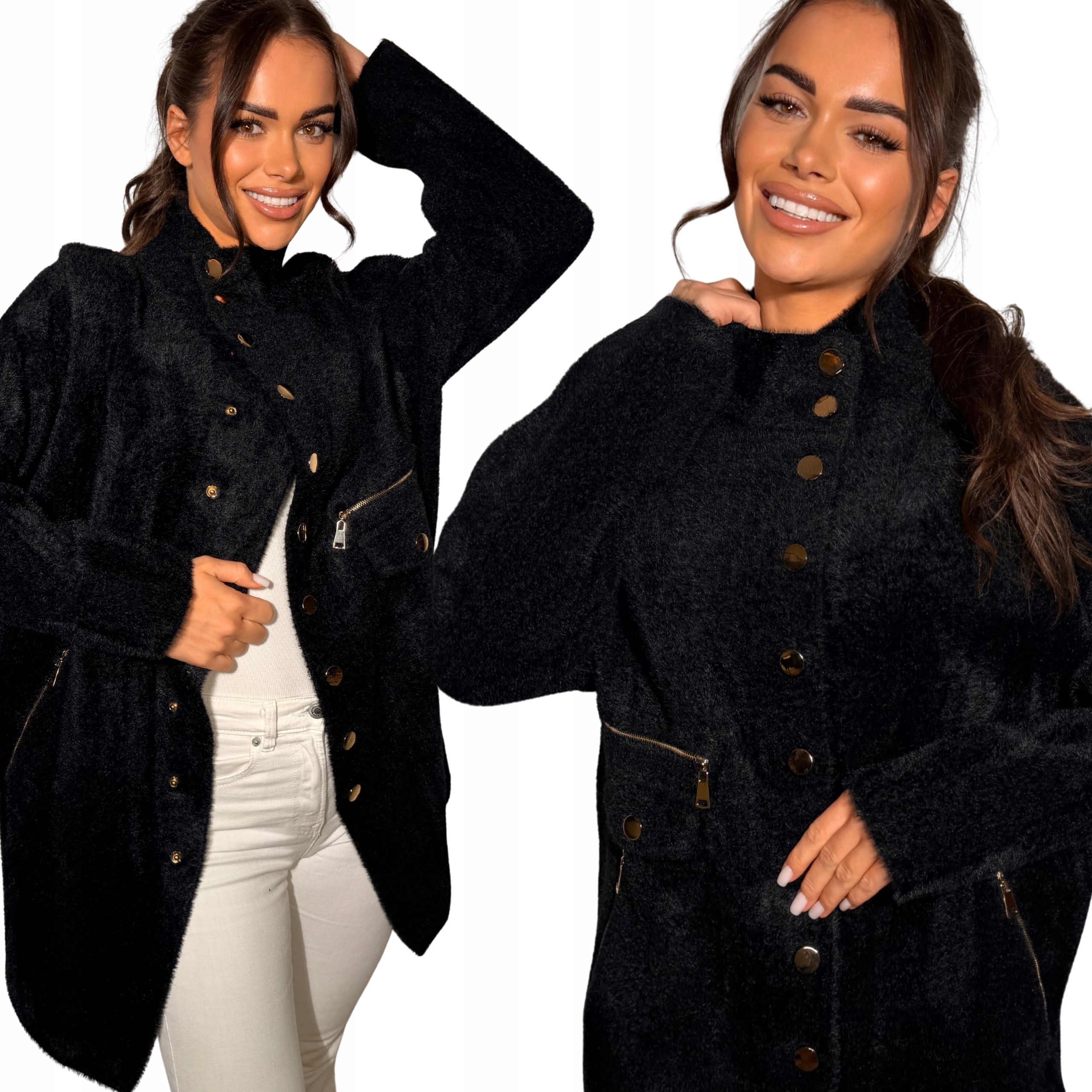 Alpaka Damska Kurtka Sweter Kardigan Jakość Premium Czarna 3185