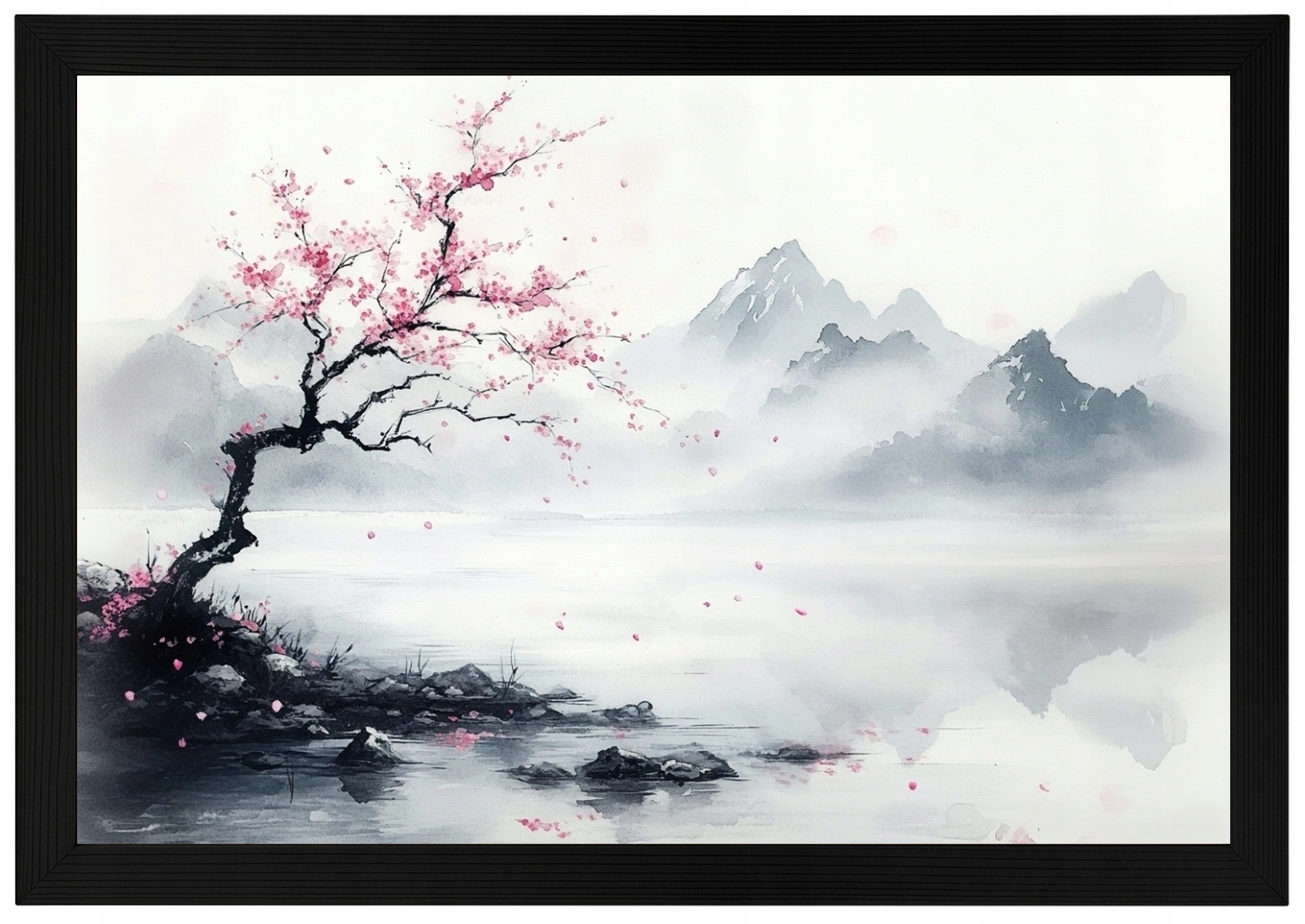 Plakát Rámeček Dřevo Grafika Asie Japonsko Jezero Višeň Sakura 60x40