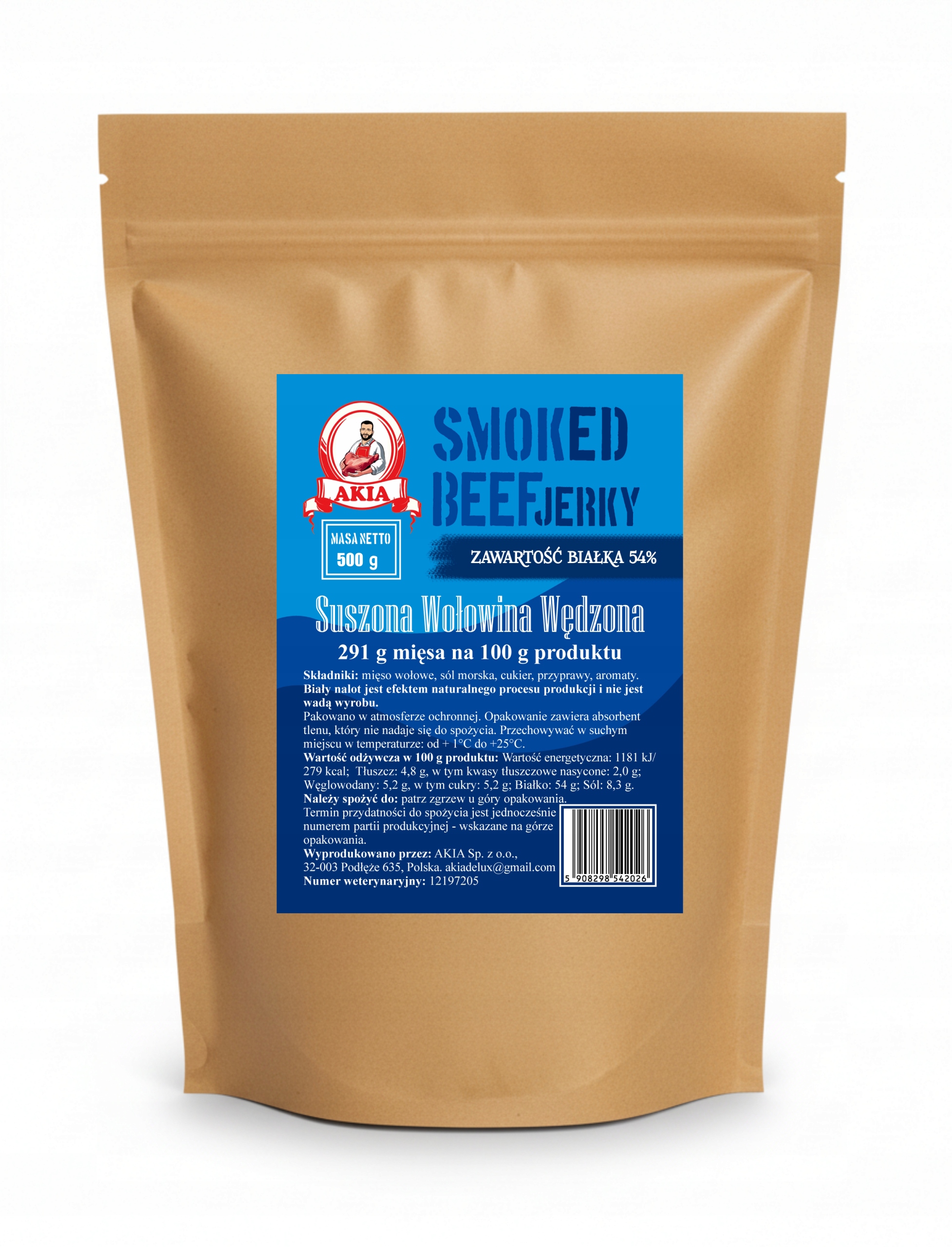 Levně Akia Beef Jerky, sušené maso, sušené uzené hovězí maso 500 g