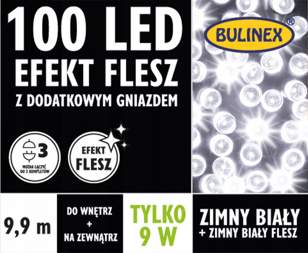

Lampki Bulinex 100LED W/z Flesz 9,9M Białe Zimne
