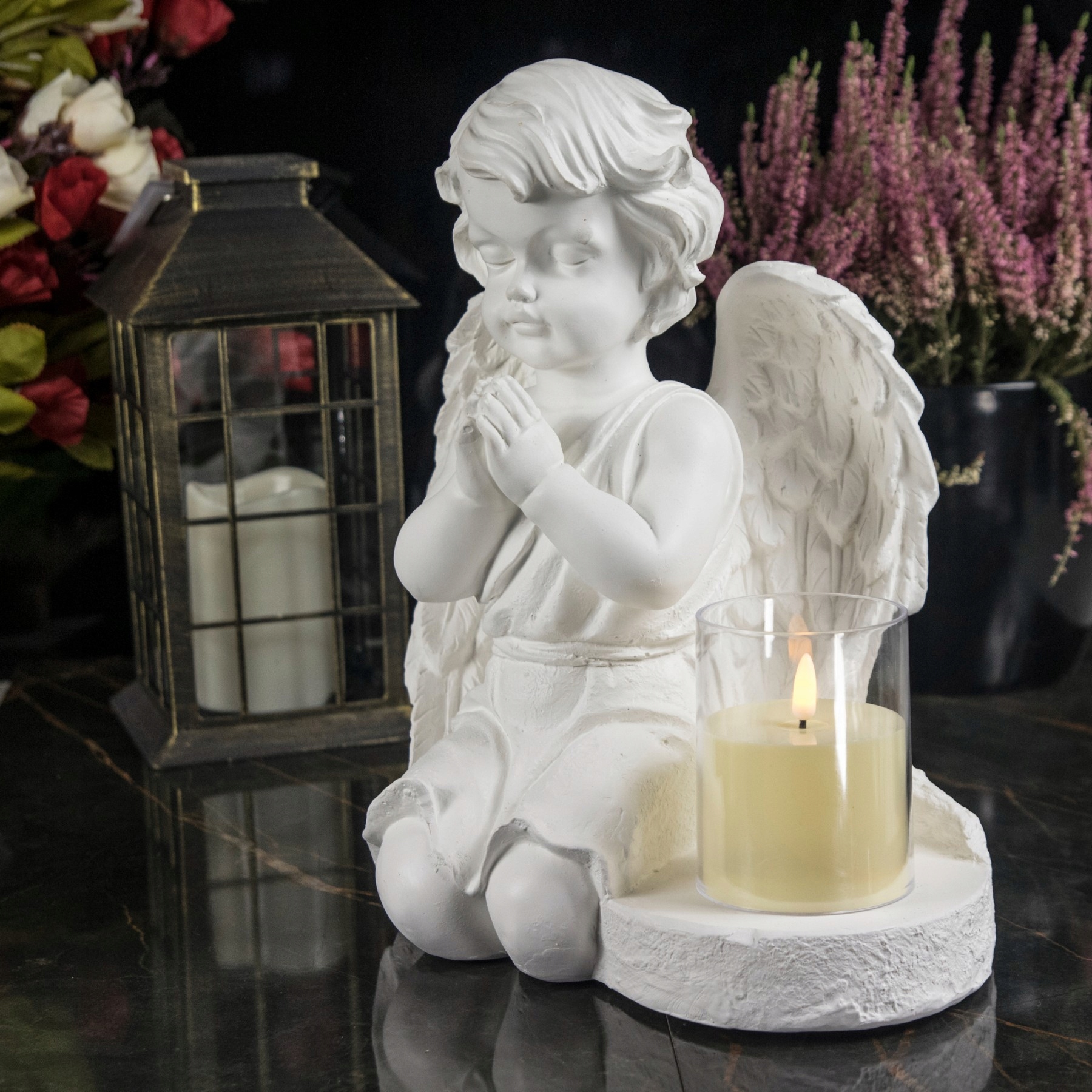 DUŻY ZNICZ + ŚWIECA GIPSOWA FIGURKA NAGROBNA LAMPA LED 3XAAA Typ LED