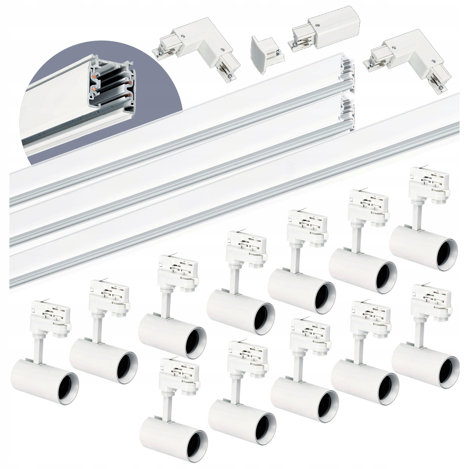 Sada kolejnicová 3-fázová kolejnice 1m+1m+2m, 12 x lampa, spojka L Bílá sada