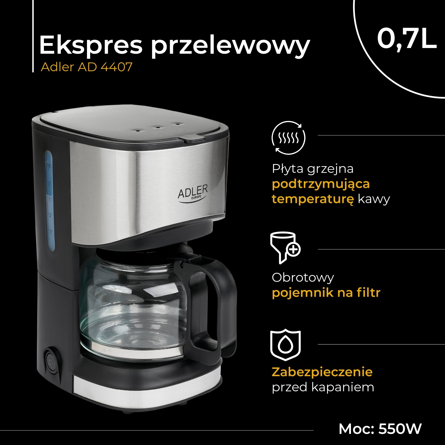 Ekspres Przelewowy AD 4407 0,7L Szklany Dzbank 550W Czarny/Srebrny