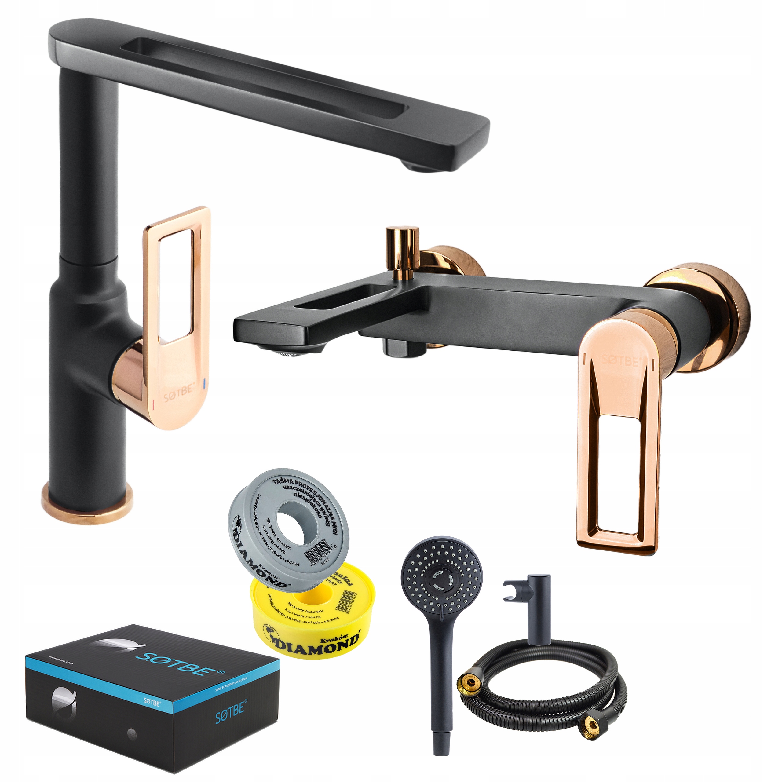 Vanová baterie s umyvadlem, černá, zlatá sprchový set Loft komplet