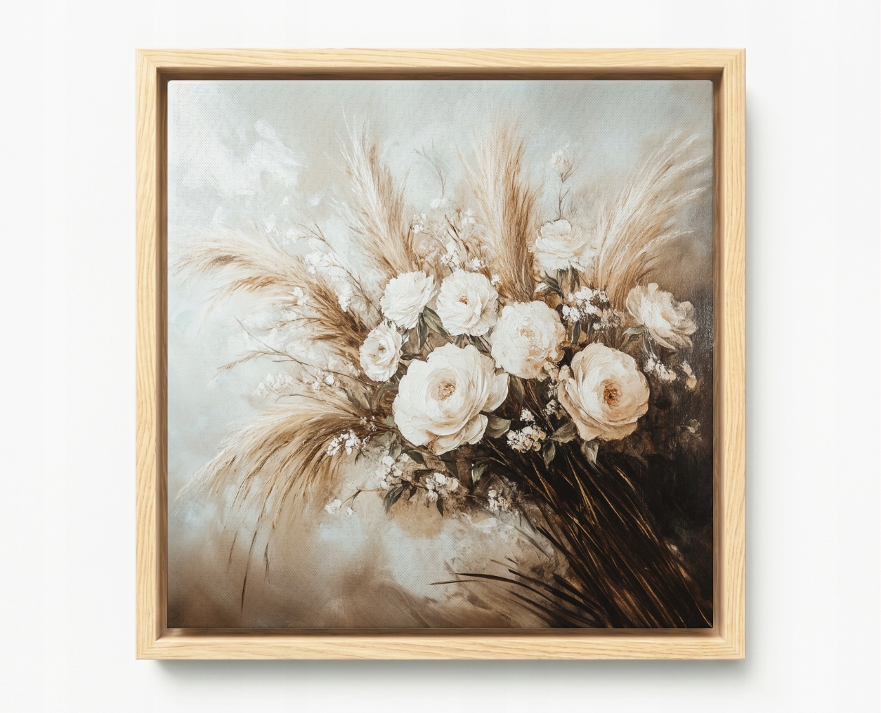 Obraz Rám Americký Box Kytice Tráva Pivoňka Růže Kompozice Boho 40x40