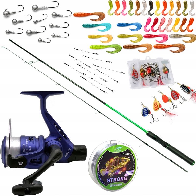 bogaty Zestaw Wędkarski spinningowy Wędka kołowrotek 35 przynęt Okoń z152