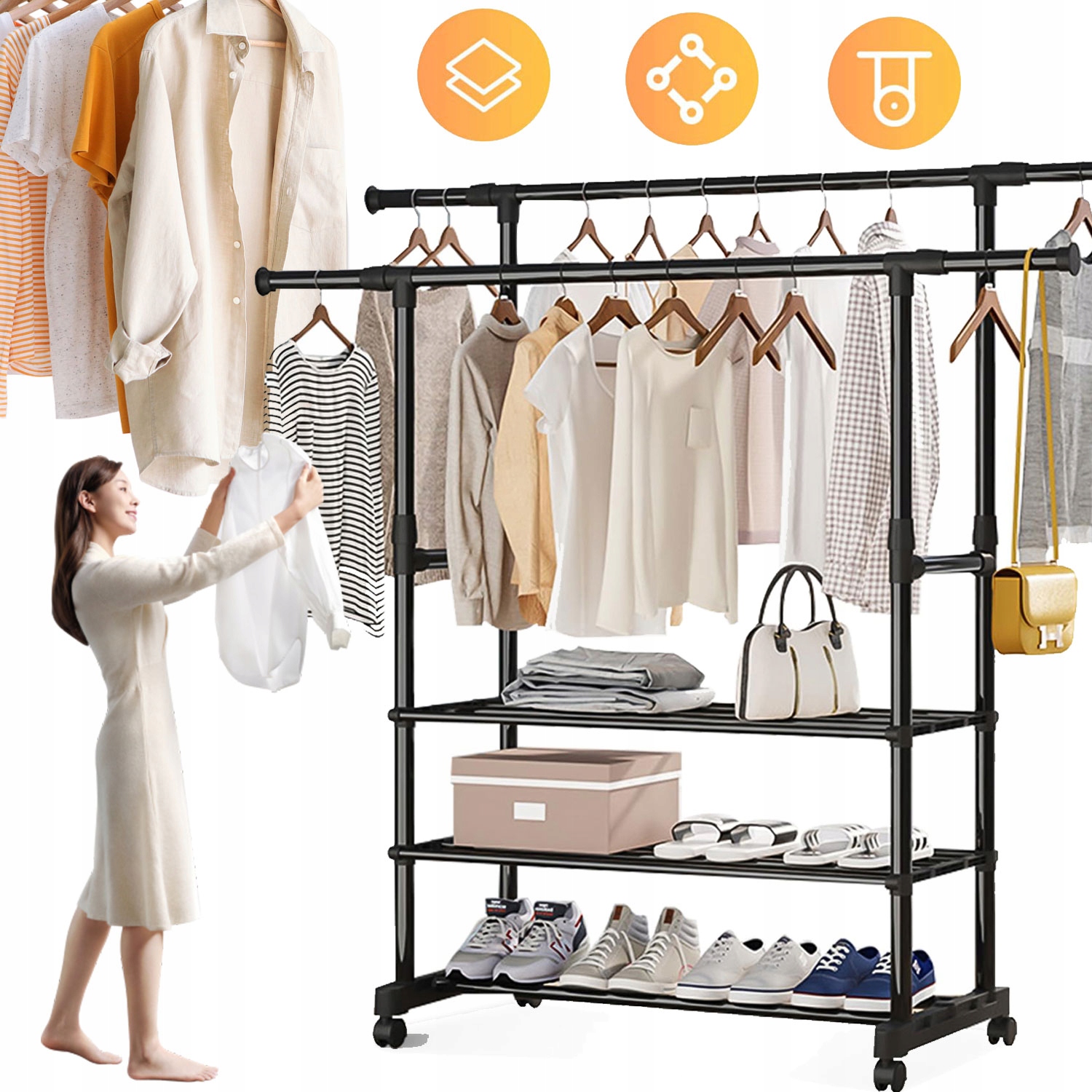 Věšák Na Oblečení S Kolečky, 3 Úrovně, Dvoukolejná Konstrukce, Černý