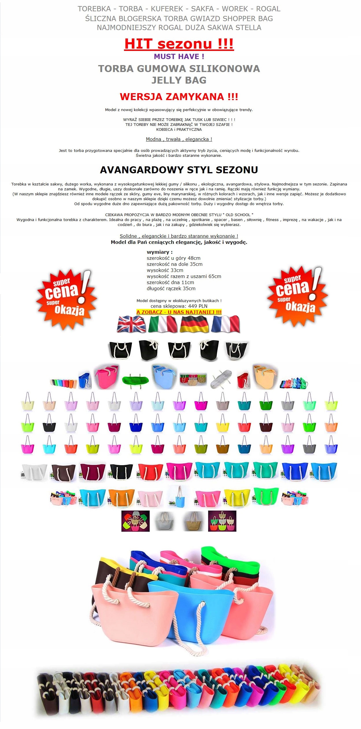 O TORBA GUMOWA TOREBKA HOBO JELLY SHOPPER BAG TGLB Marka bez marki