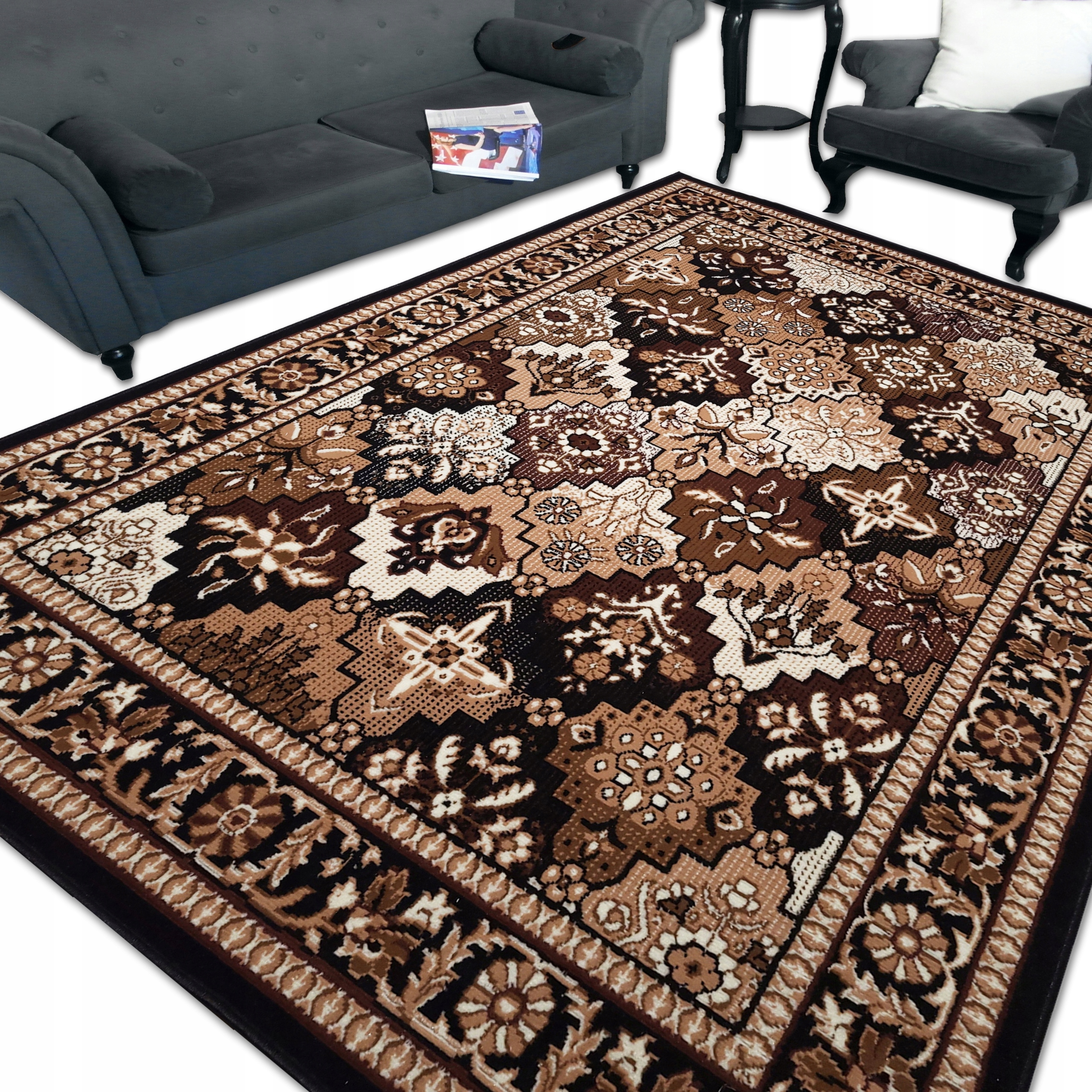Dywan 300x400 Prawdziwy tkany dywan Shiraz Pokojowy Bcf MIX Styl Brąz Bordo