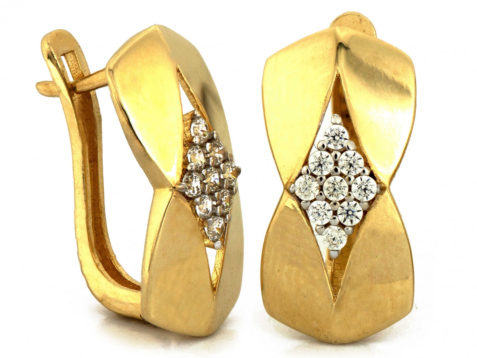 Náušnice zlaté 585 s zirkony, váha 2.54 g, elegantní anglické plechy