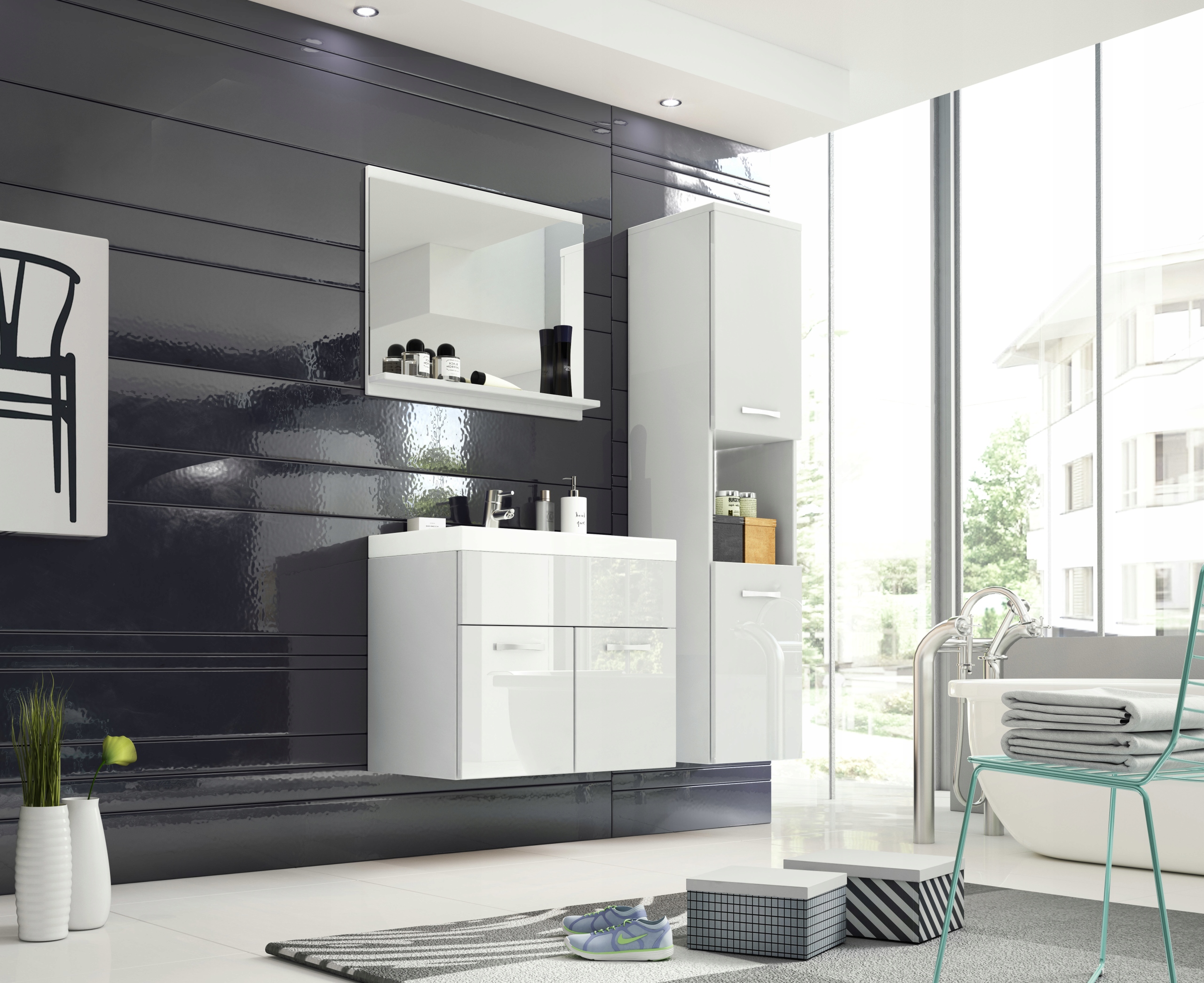 Závěsný koupelnový nábytek s umyvadlem, zrcadlem a čelním sloupkem, bílý lesk