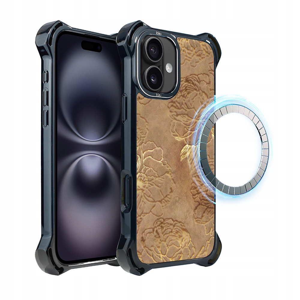 Pouzdro pro iPhone 16 Plus Ibizu DropGuard Ultra s MagSafe, zlaté pivoňky