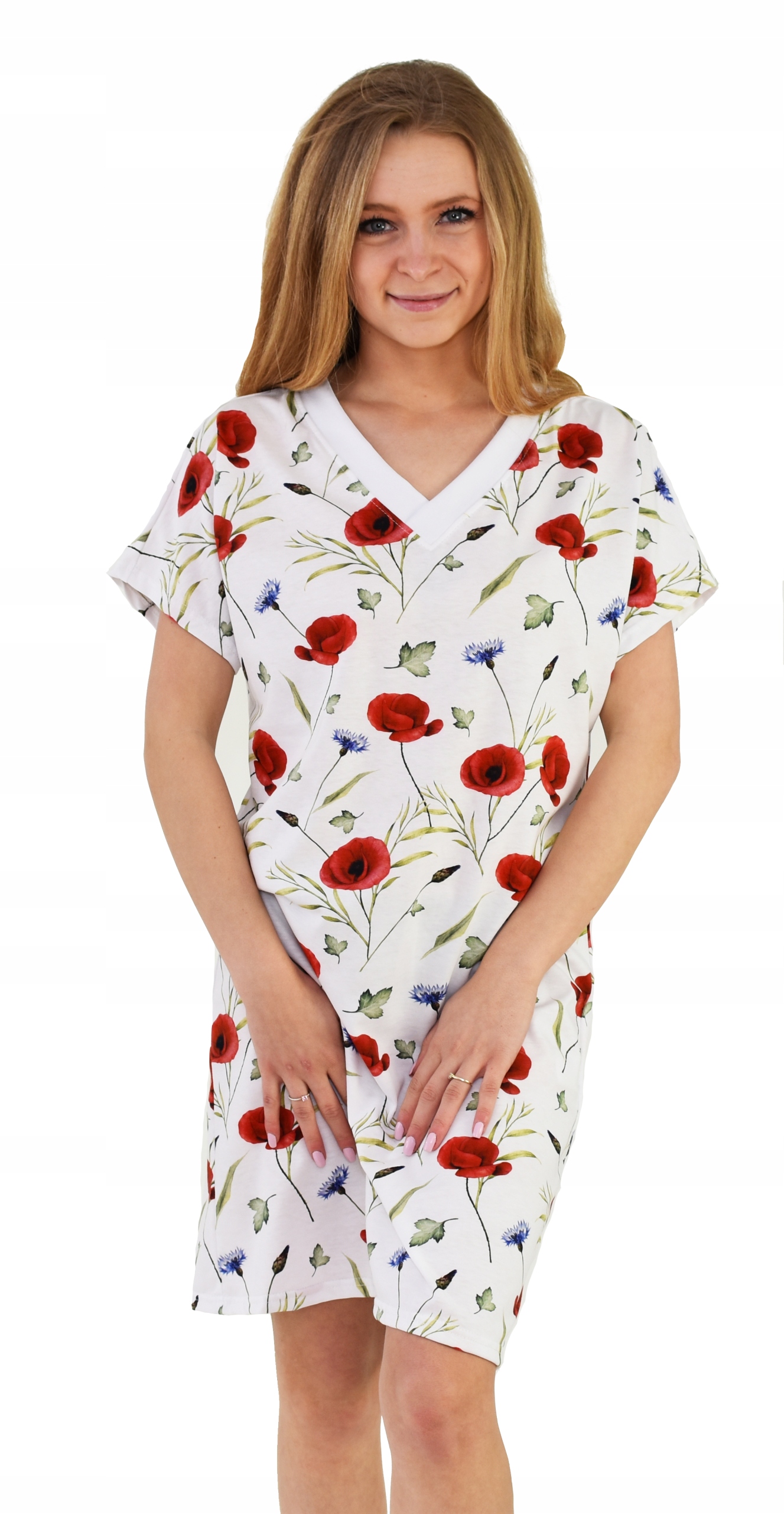 Koszula Nocna bawełniana w maki chabry elegancka Polska głęboki dekolt XS Kolekcja Polska