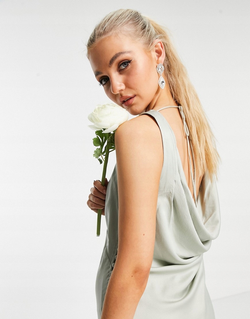 Zielowa satynowa suknia maxi dla druhen S Dekolt okrągły