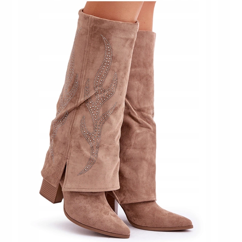 Zdobené Dámské Kozačky S Vyvýšeným Svrškem Svršek Sloupek Tmavě Béžové 40