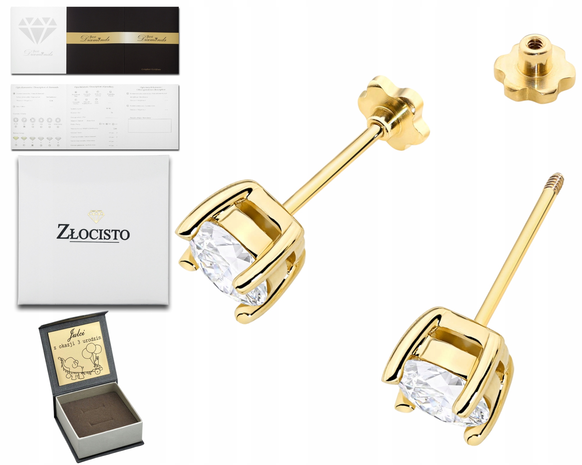 Zlaté Náušnice Laboratorní Diamanty 2,00 Ct Šroubovací Tyčinka 585