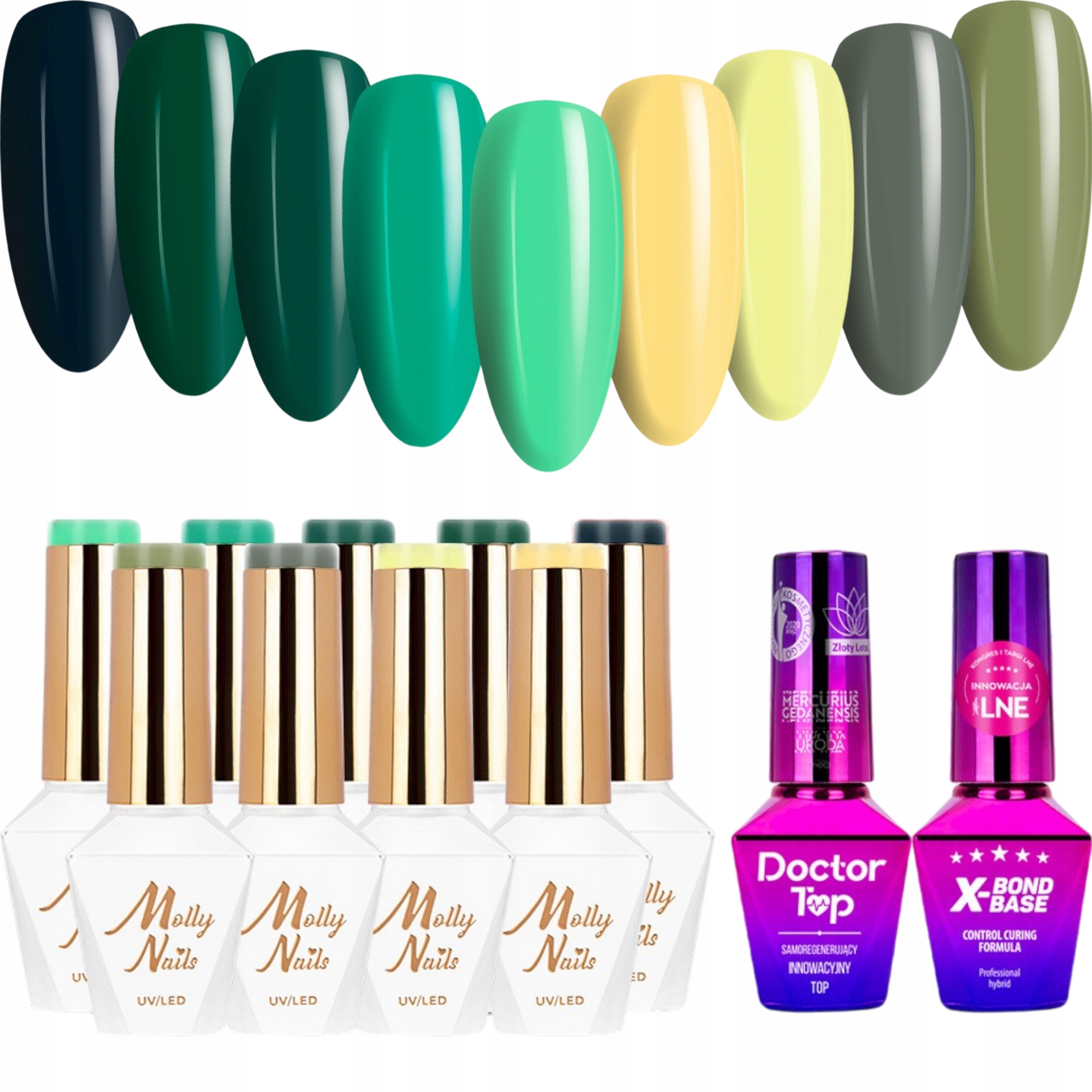 9 x Hybridní lak Mollynails 8 g Rest & Relax Báze Top Set