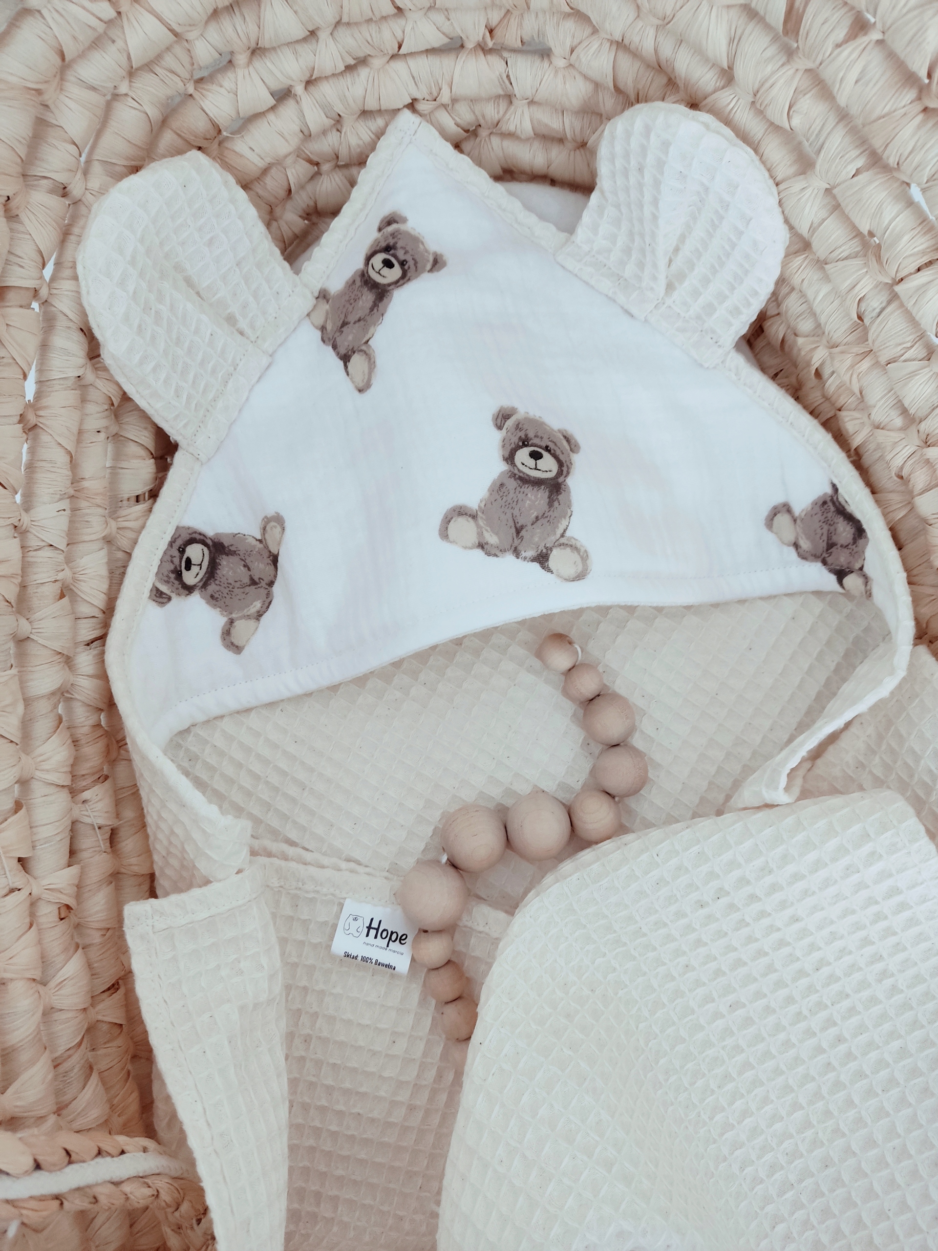 RĘCZNIK Z KAPTURKIEM WAFEL DLA DZIECI NIEMOWLĄT 75x75, muślin misie