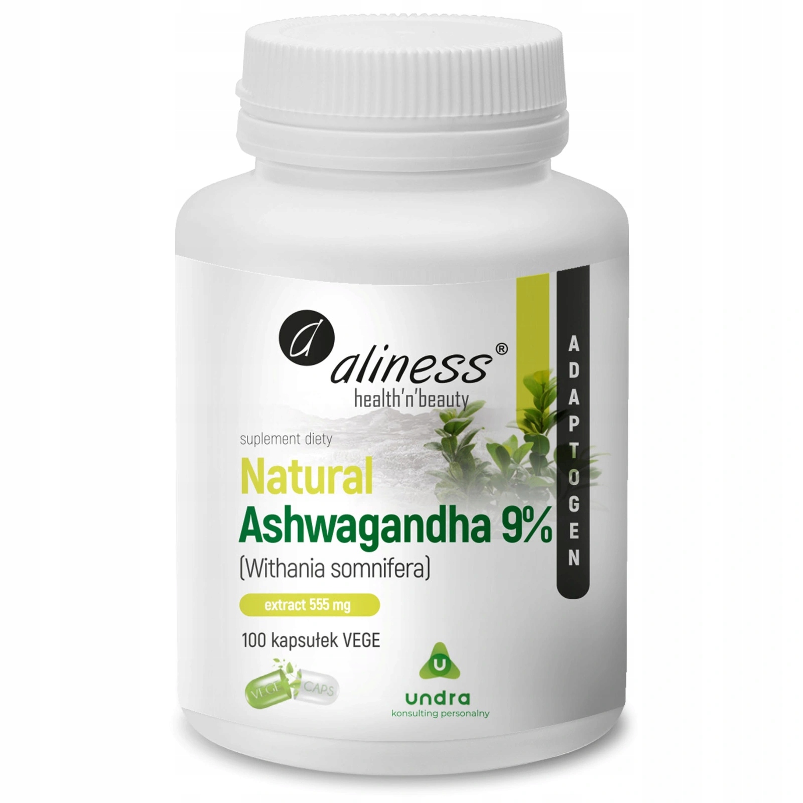 ALINESS ASHWAGANDHA EKSTRAKT 9% aż 555mg 100 kaps STRES PAMIĘĆ Nerwy RELAKS
