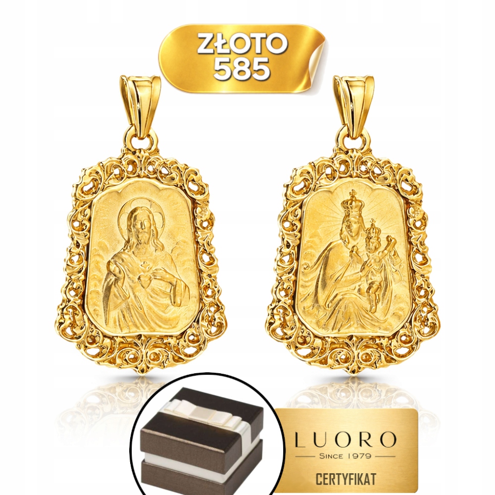 Zlatý Medailon 585 14K Oboustranný Škapulíř Ozdobná Vazba 4,3 CM