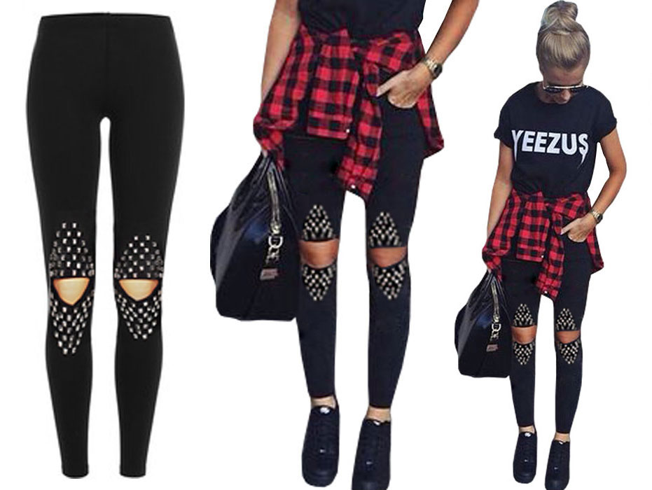 

Spodnie Legginsy Rurki Ćwieki Ripped Getry Dziury
