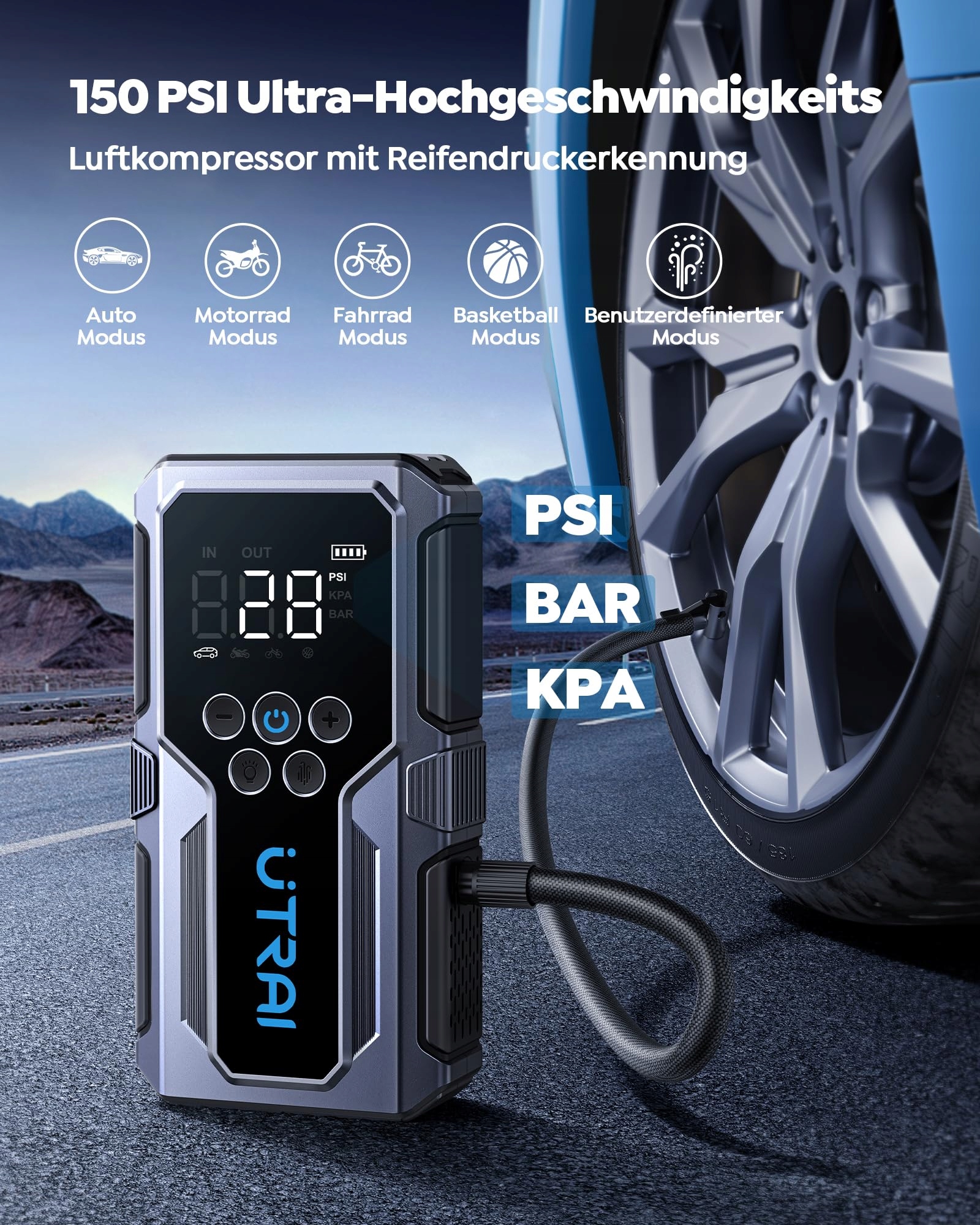 UTRAI Powerbank 4500A Kompresor 150PSI Latarka 18W Szybkie Ładowanie — miniatura 3