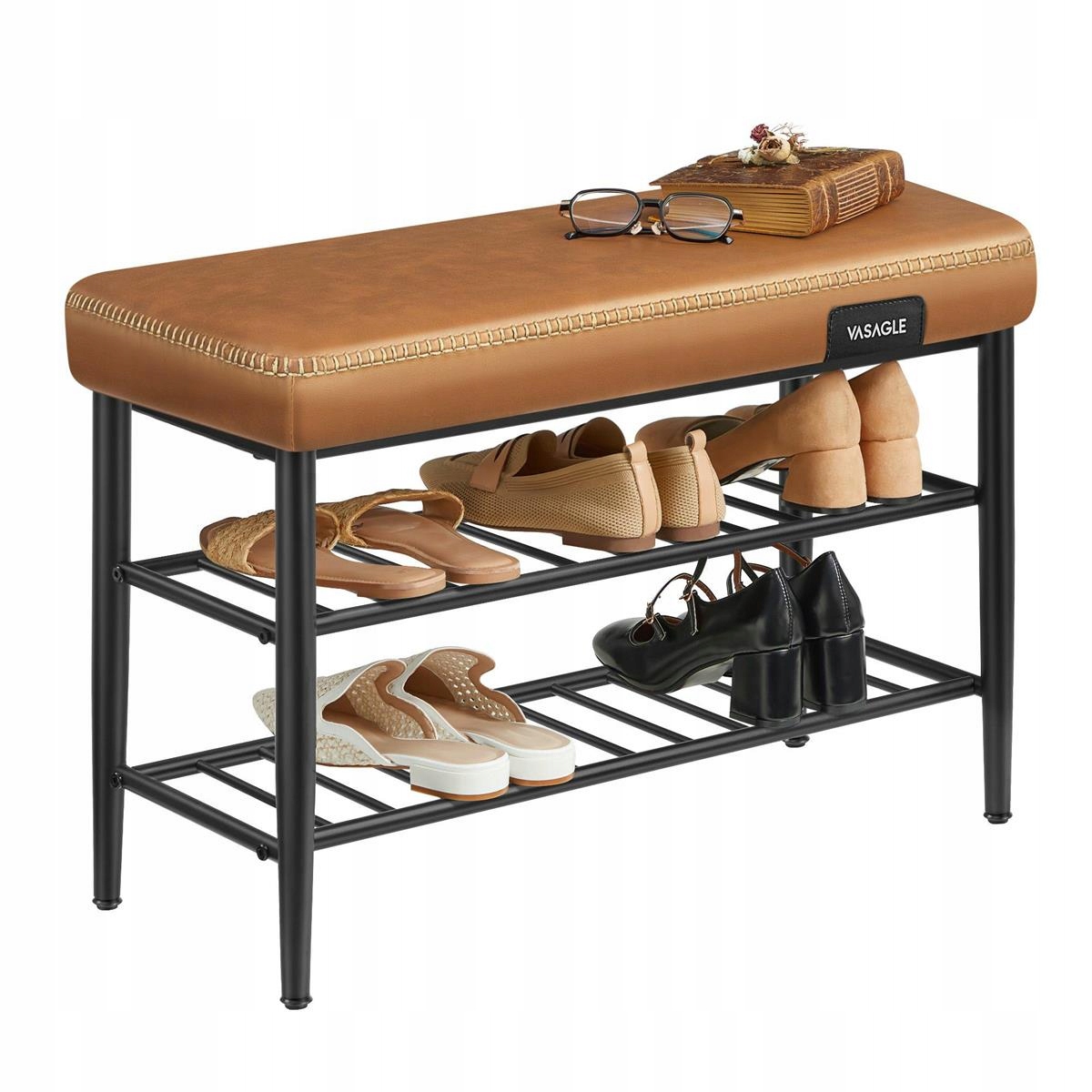 Moderná 3-policová lavička na topánky s karamelovým sedadlom, hnedá, umelá koža