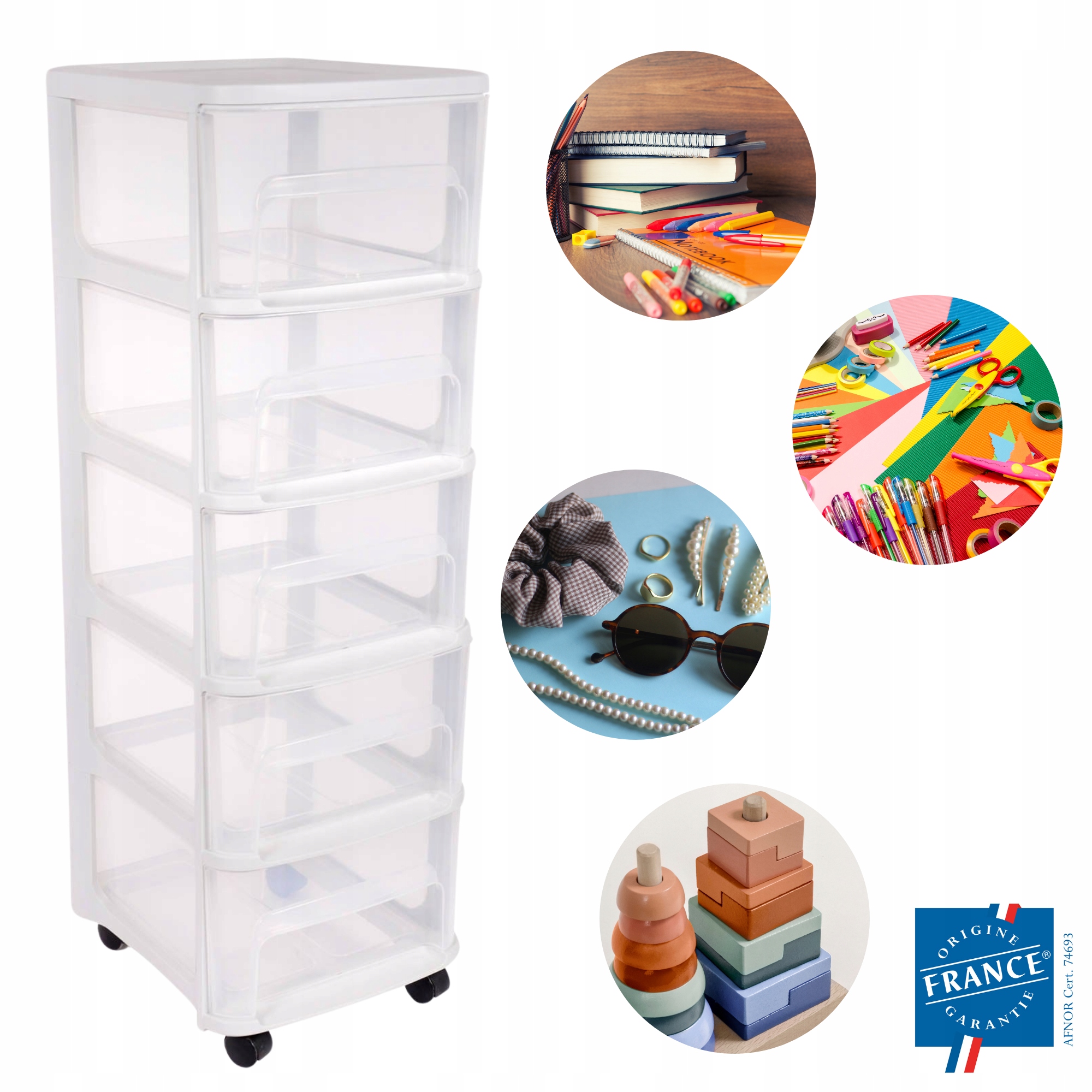 Modulárna Skrinka Na Kolieskach, 5 Zásuviek, Biela, do kúpeľne, detskej izby