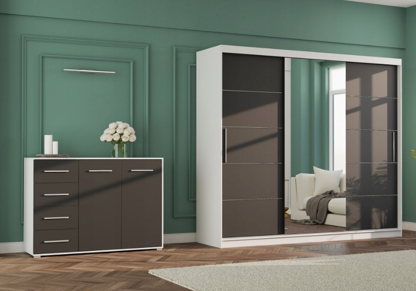 Zestaw szafa przesuwna ALBA 250 lustro komoda FRIDA szuflady kolory półki Marka Idźczak Meble