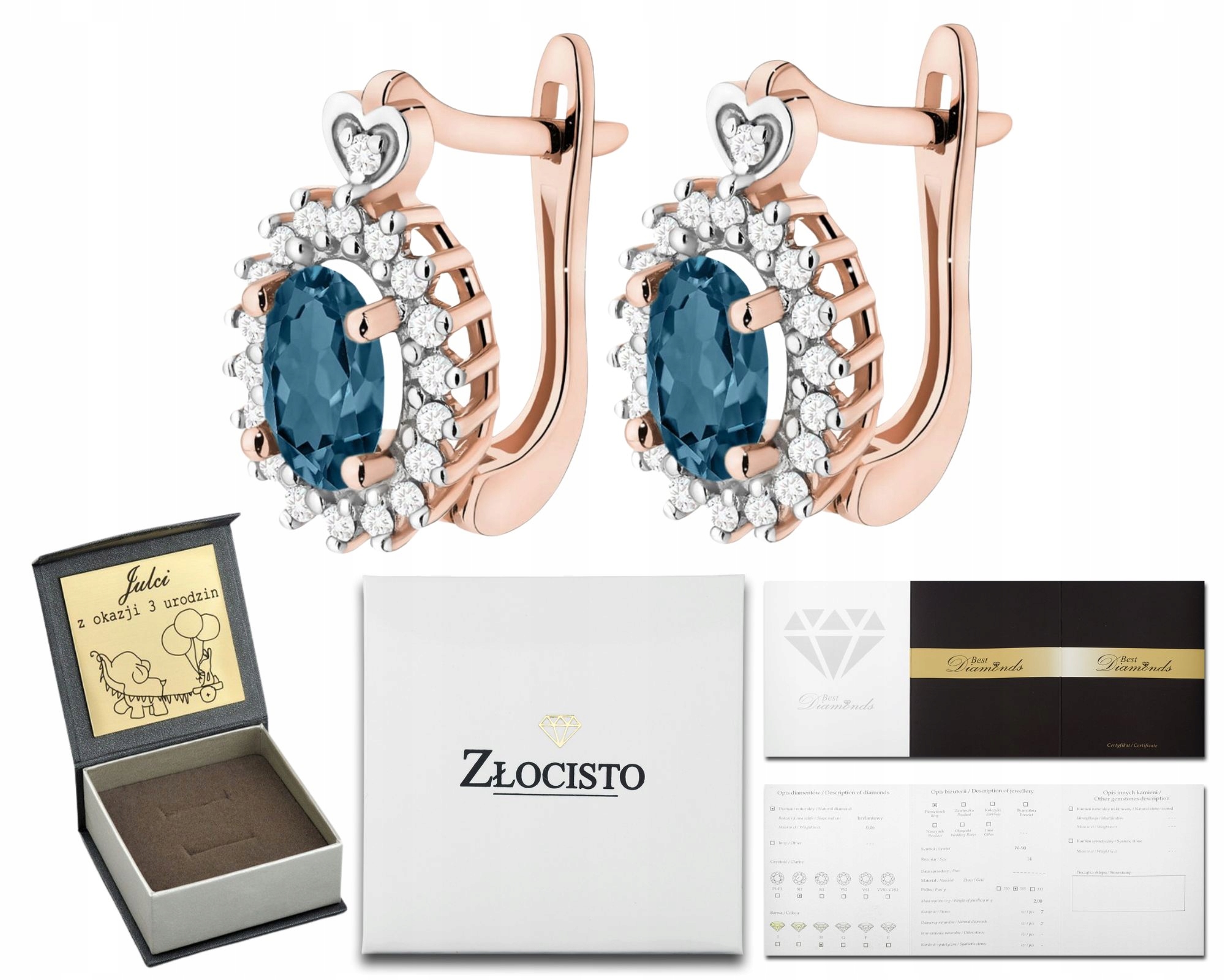 Růžové Zlato Náušnice Topaz London Blue Anglické Zapínání Zlato 585 14K