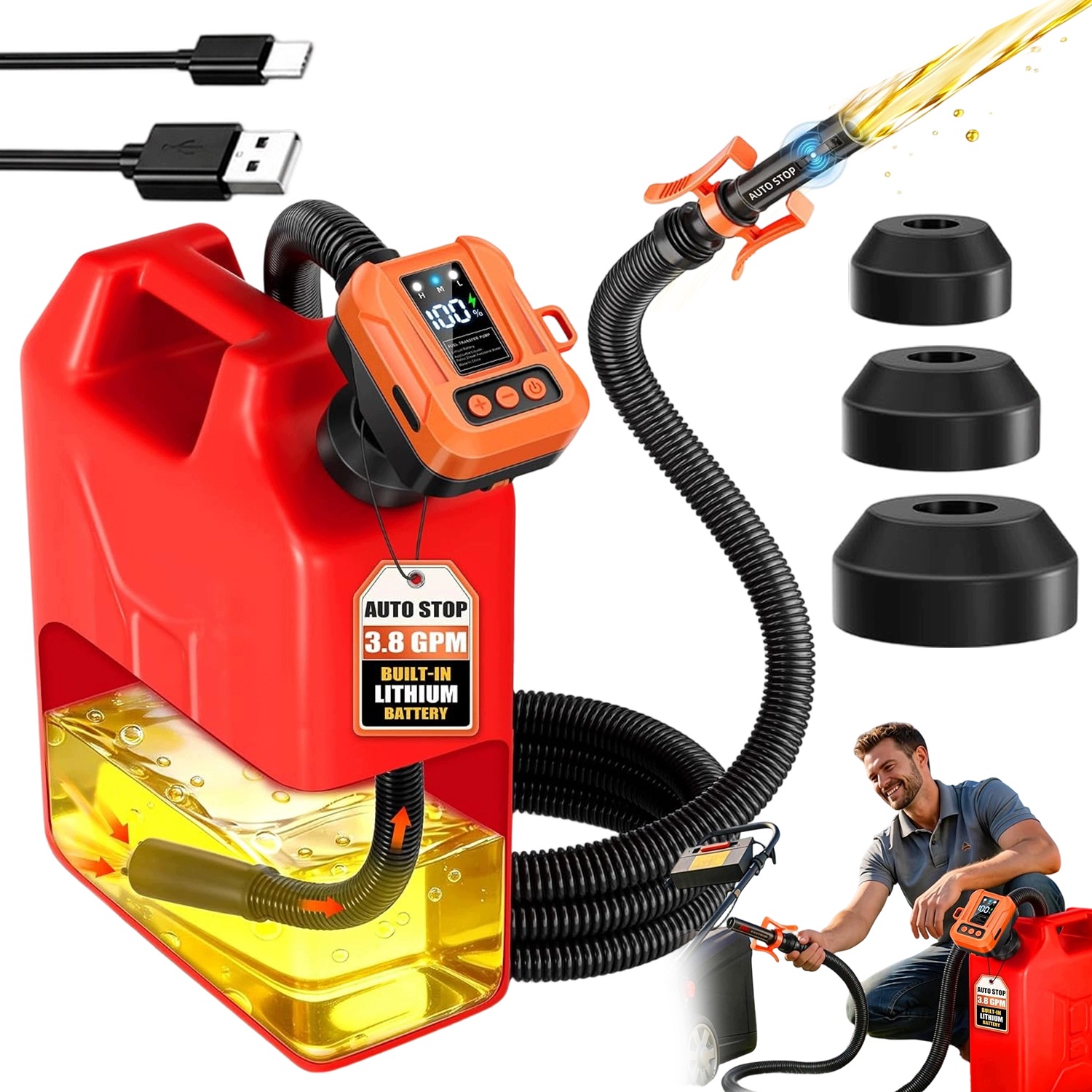 Elektrická palivová pumpa 4000 mAh Led 3,8GPM auto stop benzín diesel Usb