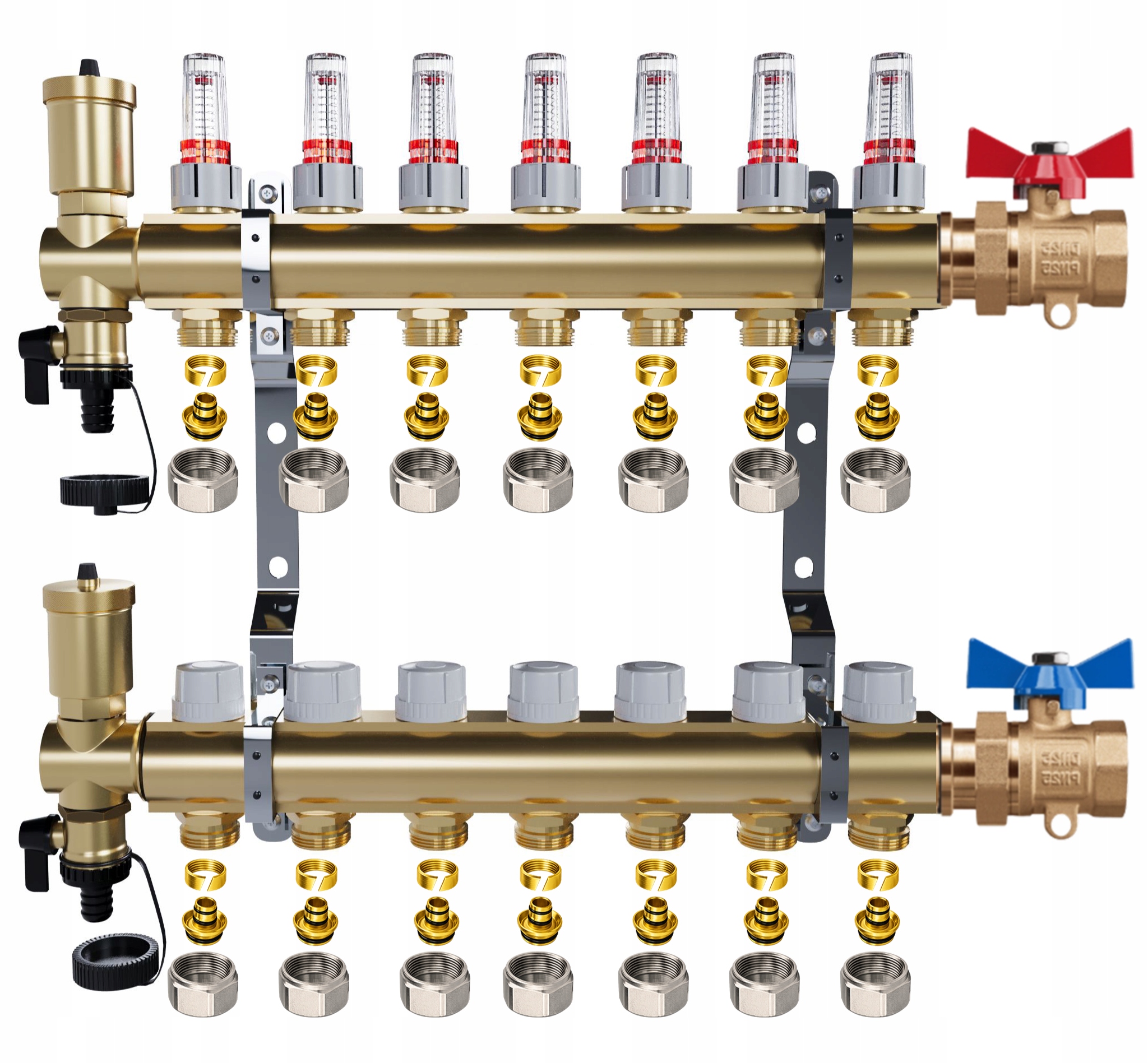 Rozdělovač pro podlahové vytápění – 7 okruhů jednoduché ventily Pex