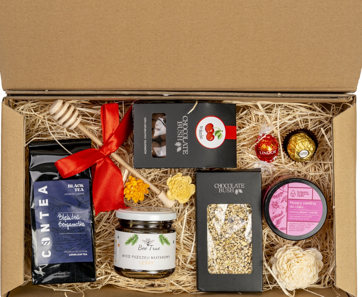 Dárková sada craft Premium XL: čaj, med, pralinky, mycí peeling