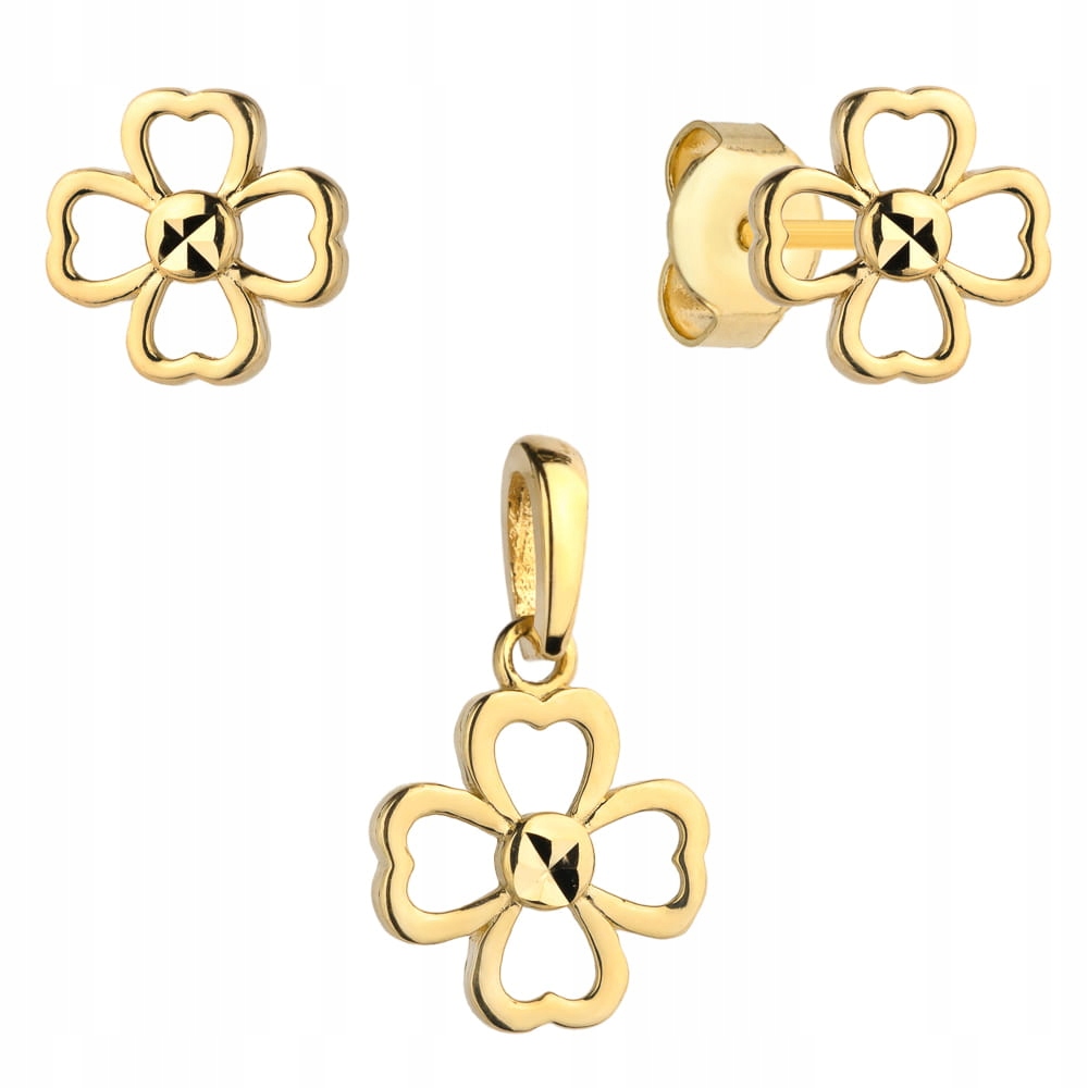 Zlatý komplet čtyřlístek 585 14k, váha 1.5g, náušnice a přívěsek dárek