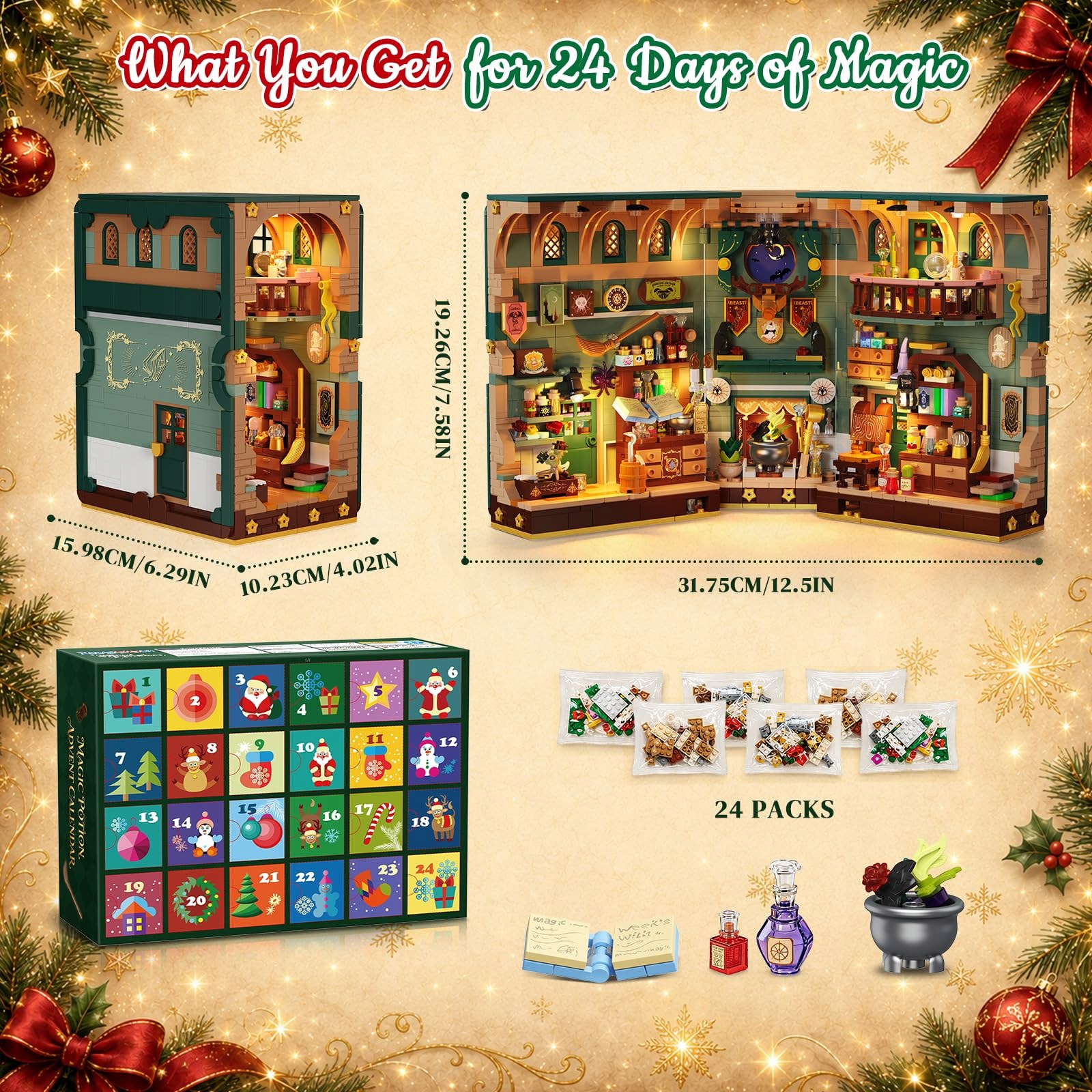 Адвент-календарь Christmas Potion Book Nook 2026, конструктор из 990 деталей с 5 светодиодами — фото 8
