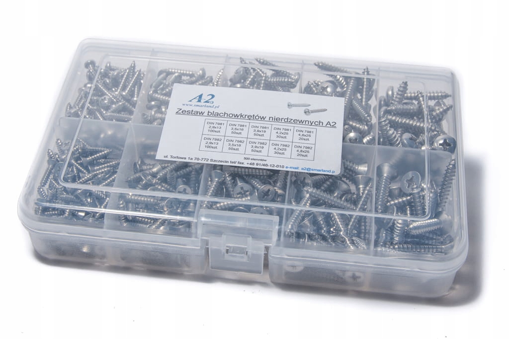 Zestaw blachowkrętów nierdzewnych wg DIN7981 i DIN7982 organizer 500szt.