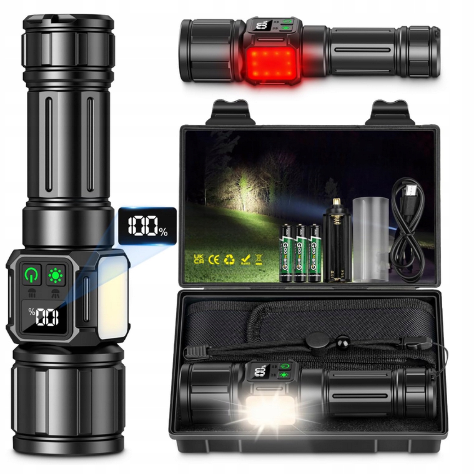 Led Taktická Svítilna 500000 LM LCD IP67 1200 m 9 Režimů Magnet Powerbanka