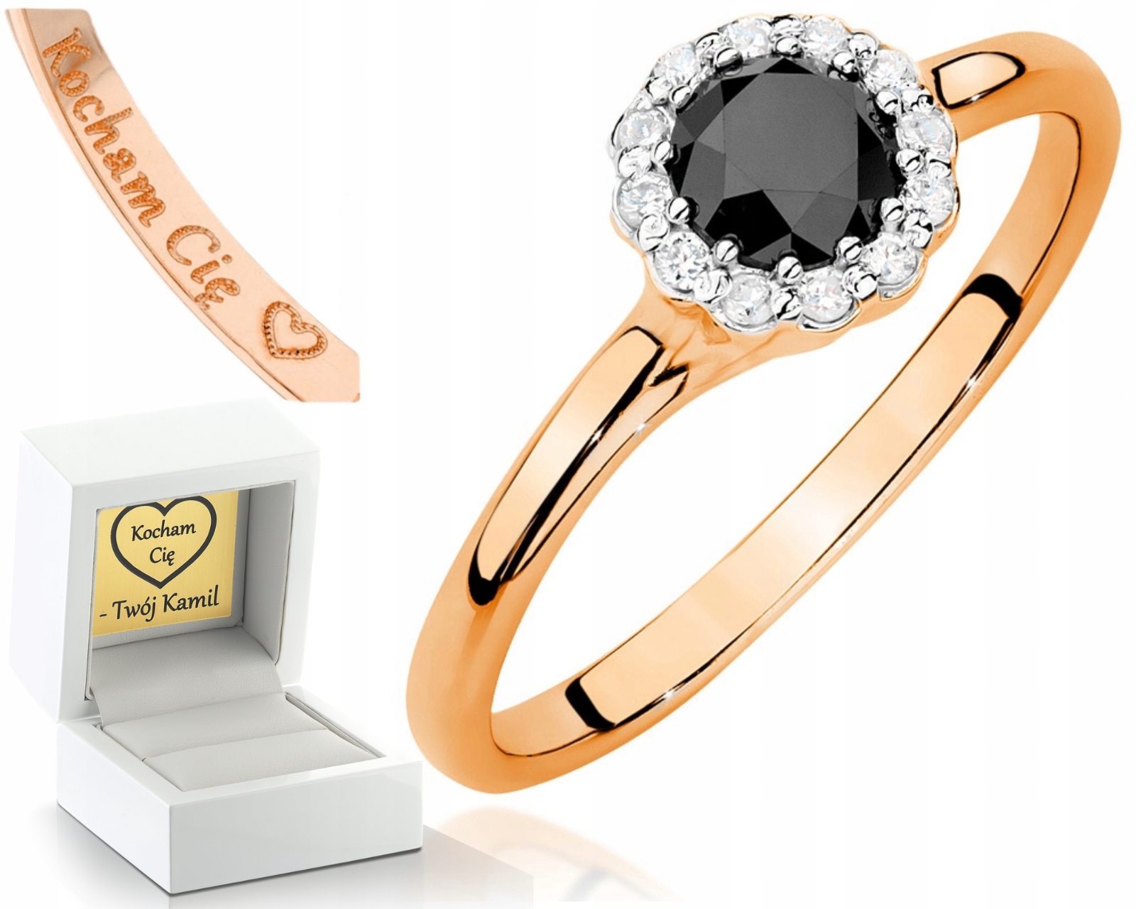 Růžové Zlato Prstýnek Černé Brilianty Gravírování