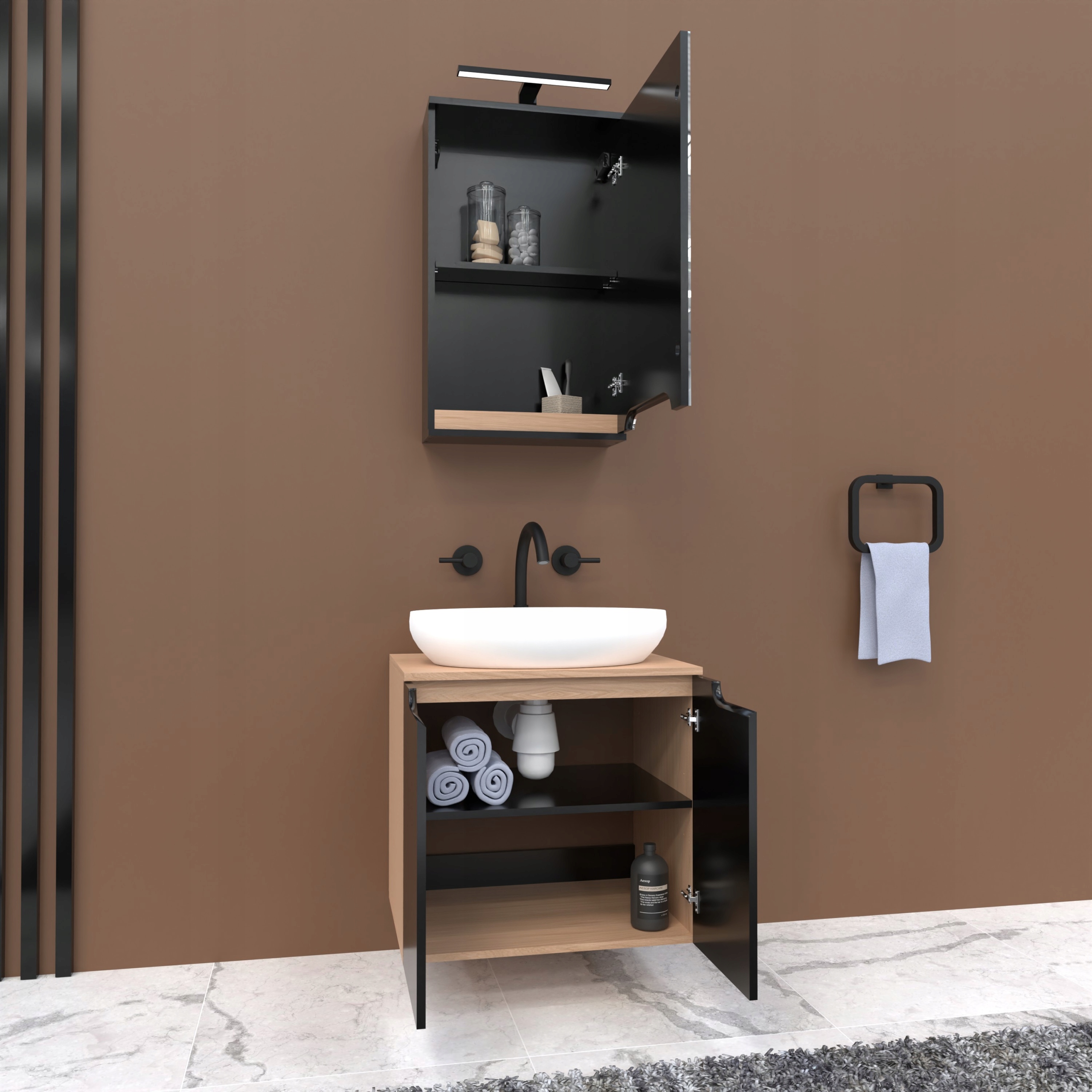 Szafka z lustrem czarna 45x16x75 czarny/dąb Omeble Marka Omeble