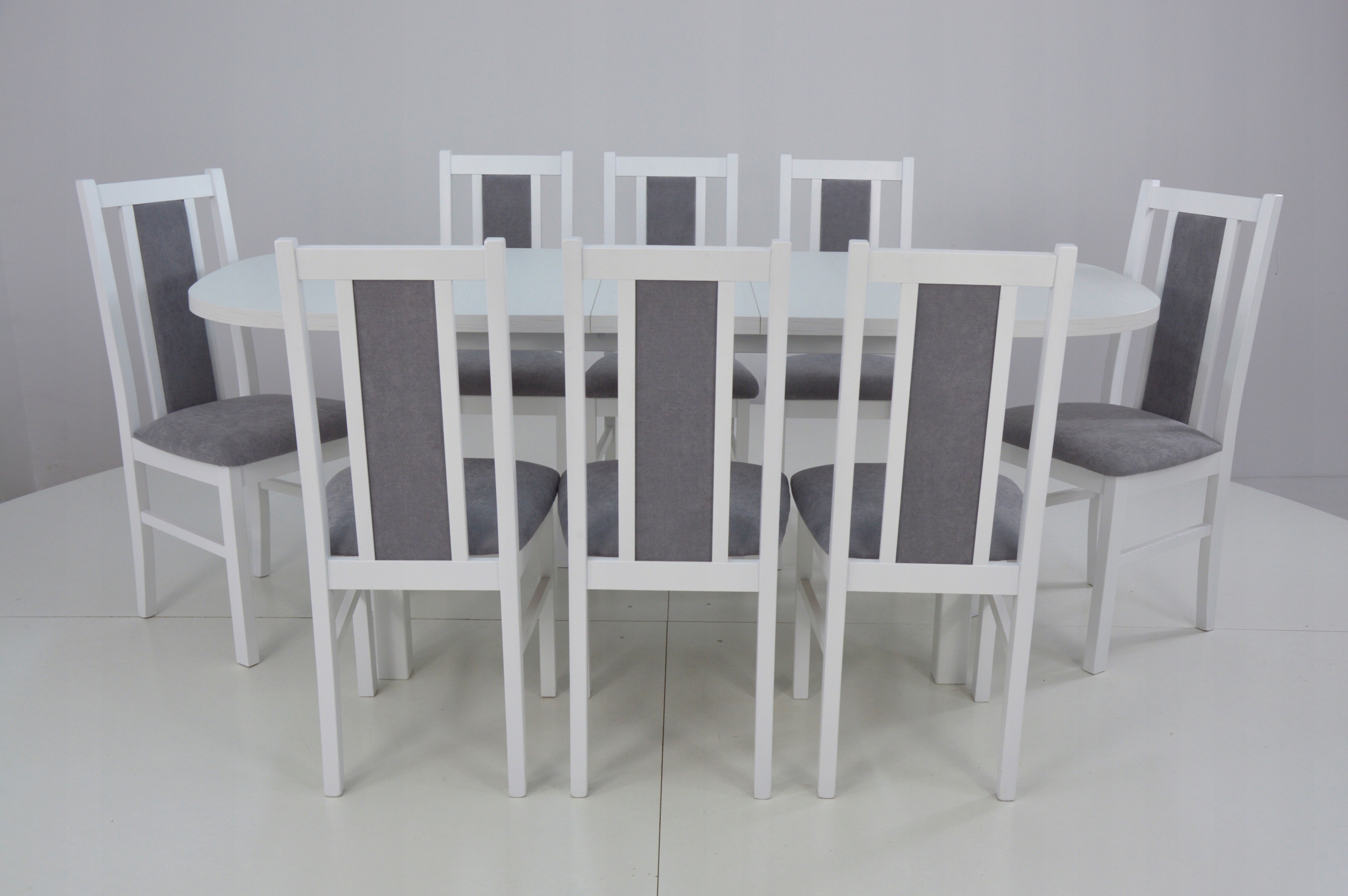 duży zestaw mebli do JADALNI kuchni OWALNY stół i 8 krzeseł białe szare Kod producenta WP1 B 14