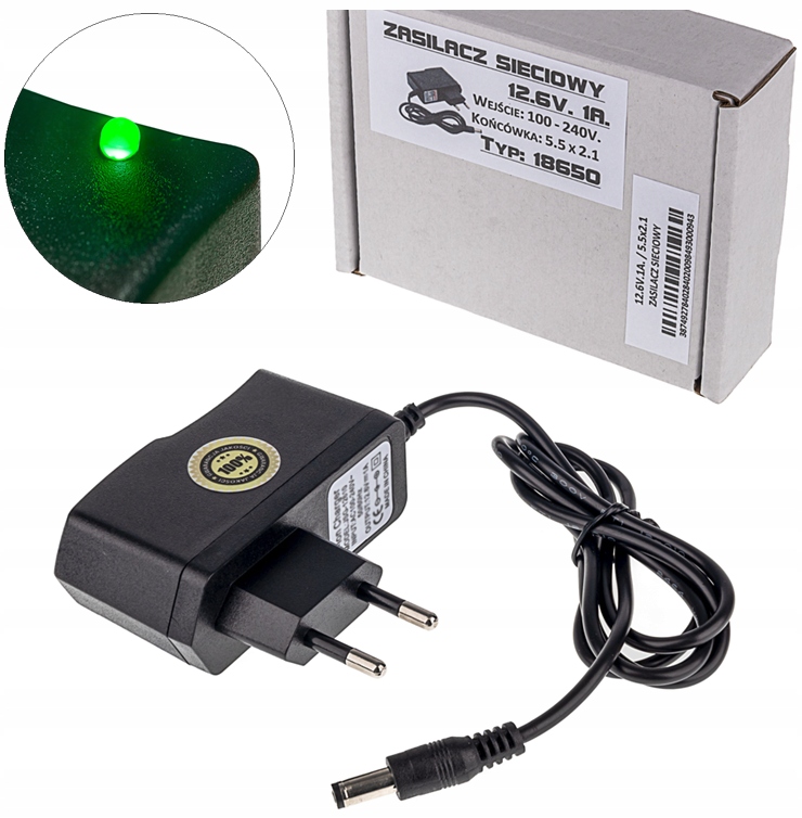 

Ładowarka Sieciowa Zasilacz 12.6V 1A (5.5x2.1)