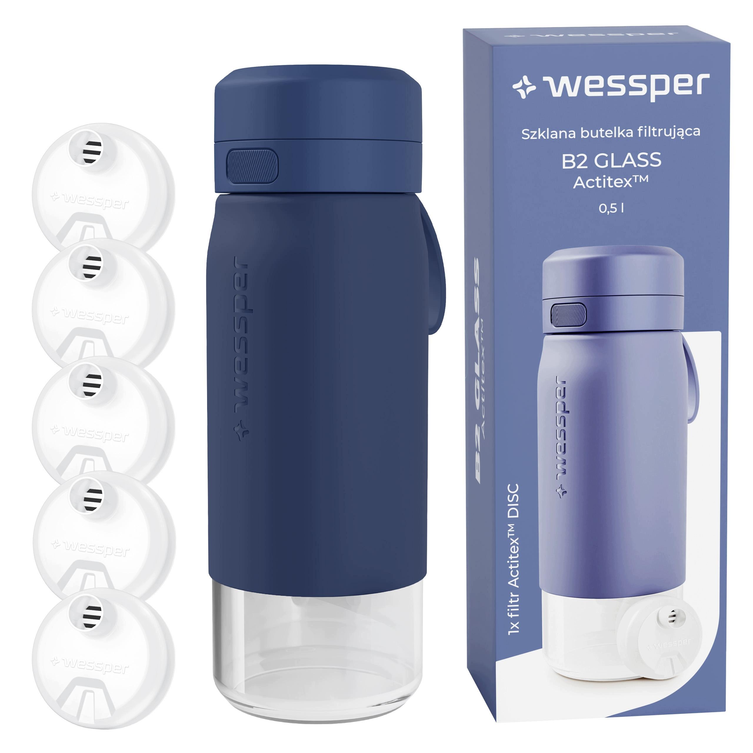 Skleněná filtrační láhev láhev na pití 0,5 l na vodu Wessper modrá 5x filtr