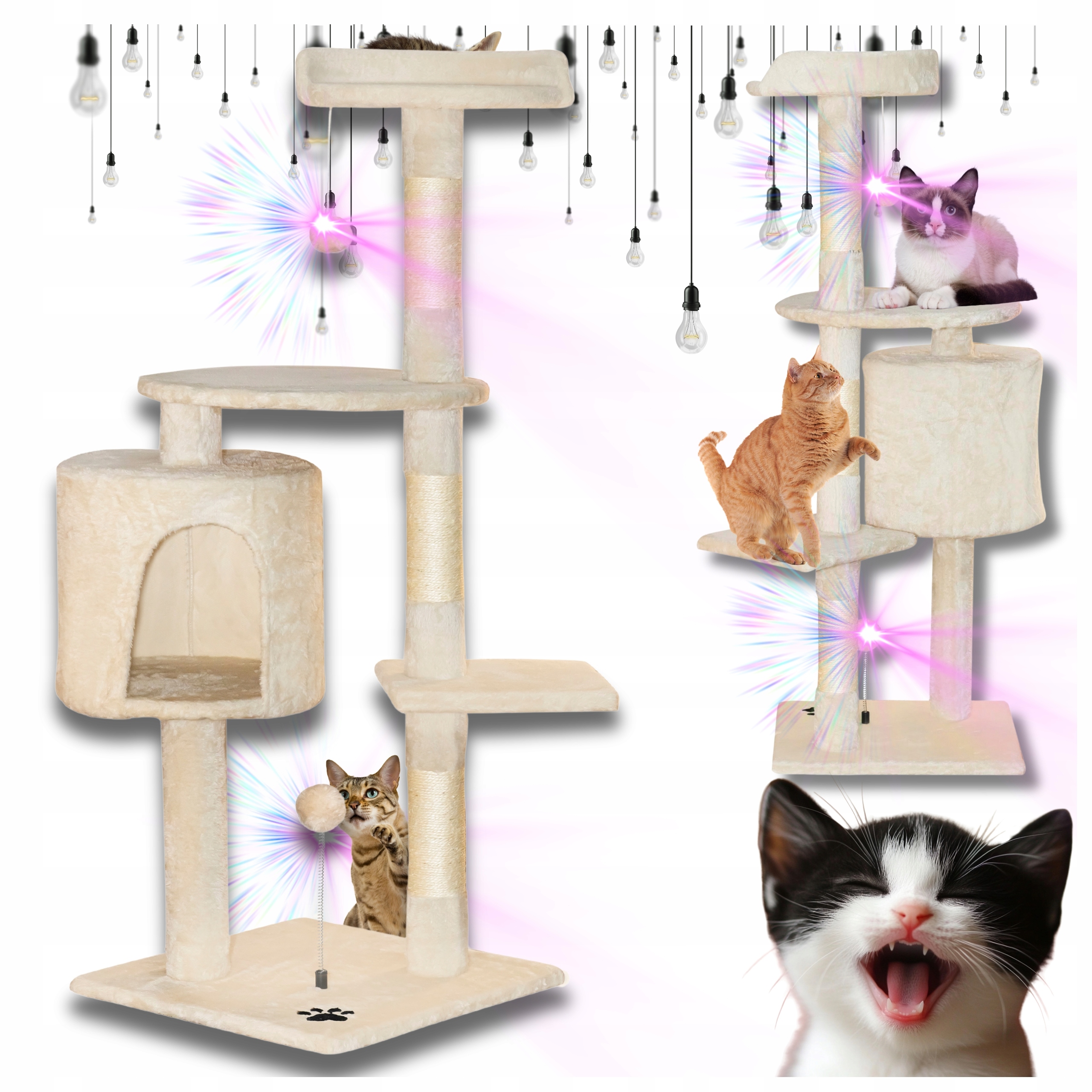 Levně Škrabadlo pro kočky s domečkem, malé, béžové, 116 cm, 5 úrovní, věž, míčky