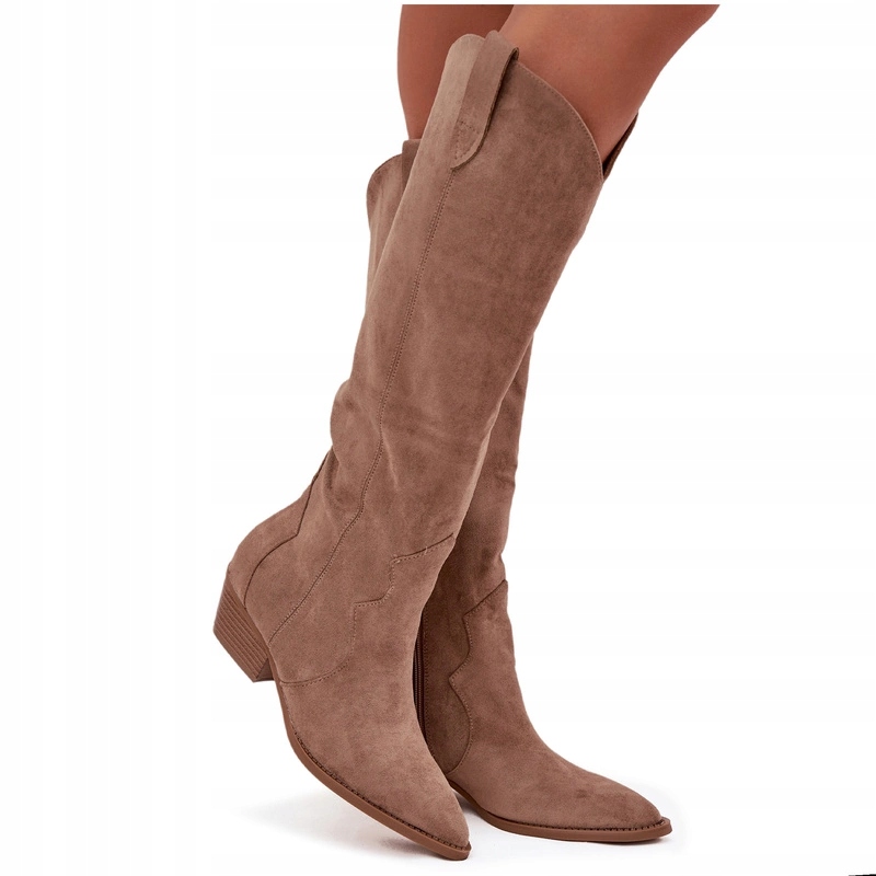 Kozačky Kovbojské Boty Eko Semišové S Nazouvacím Podpatkem Stylové Béžové 38