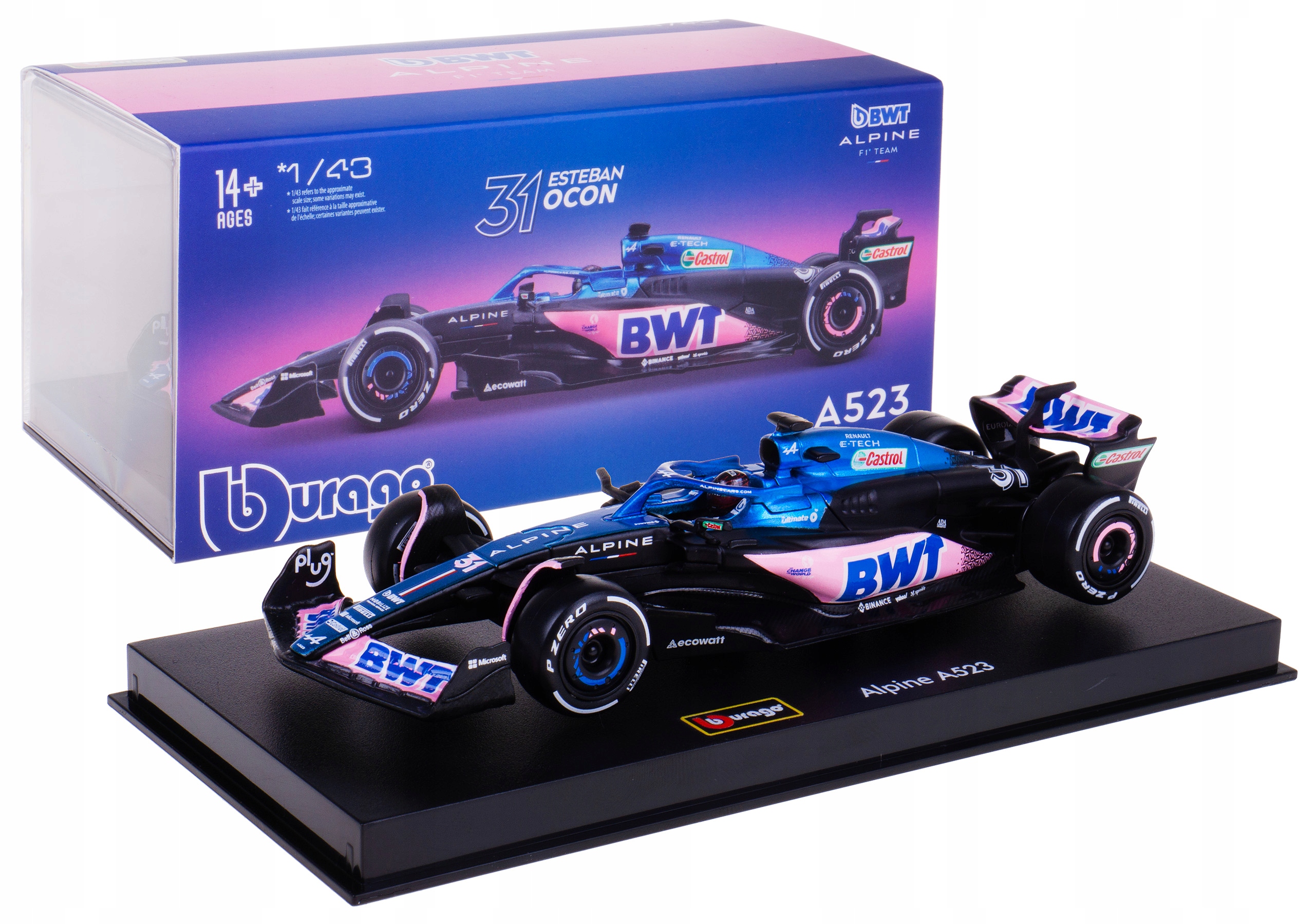 Alpine A523 Bolid F1 Model Kovový Bburago 1:43 #31 Esteban Ocon Box